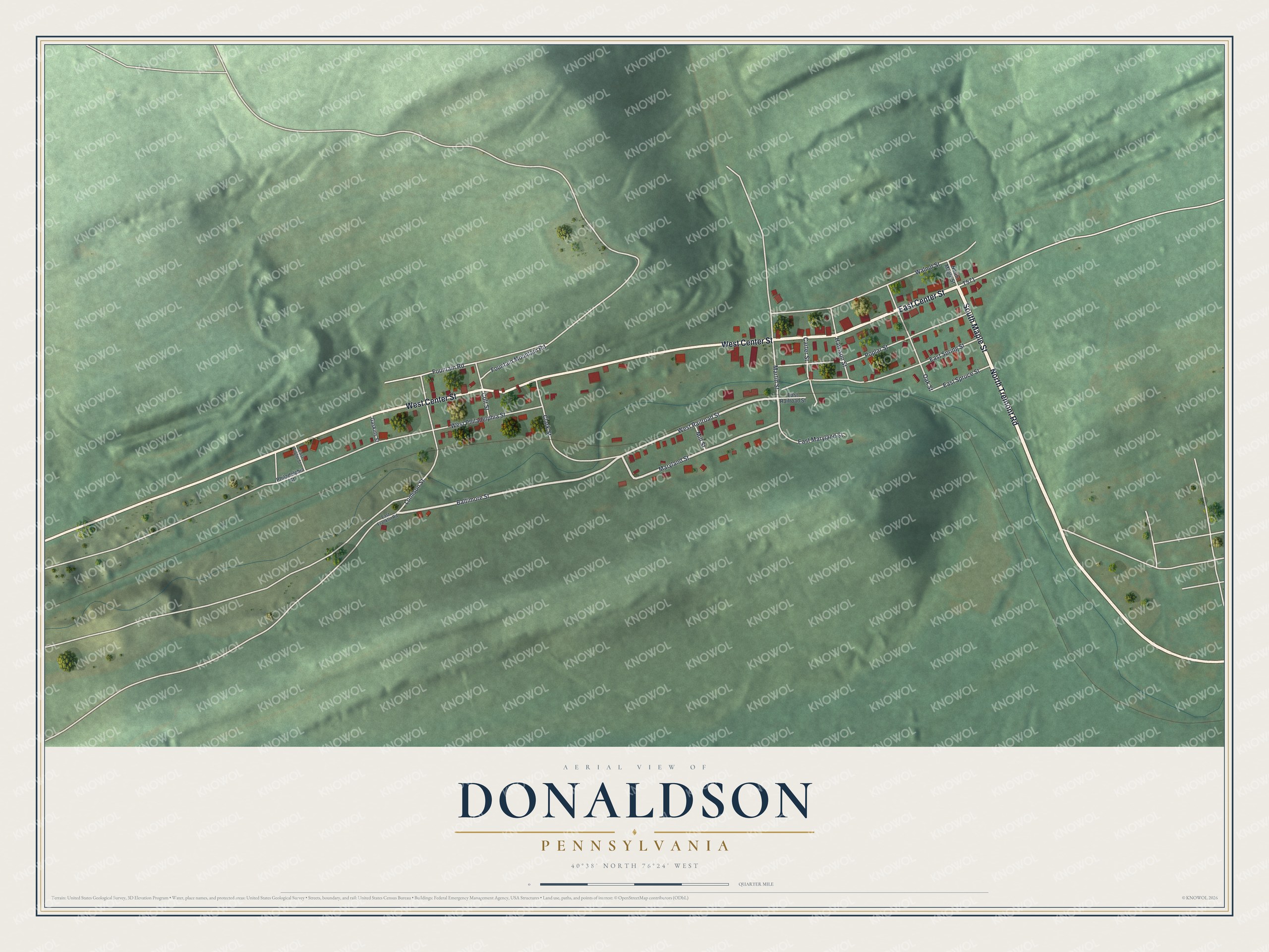 Full map of Donaldson, Pennsylvania, with red buildings, printed street names and the land around them