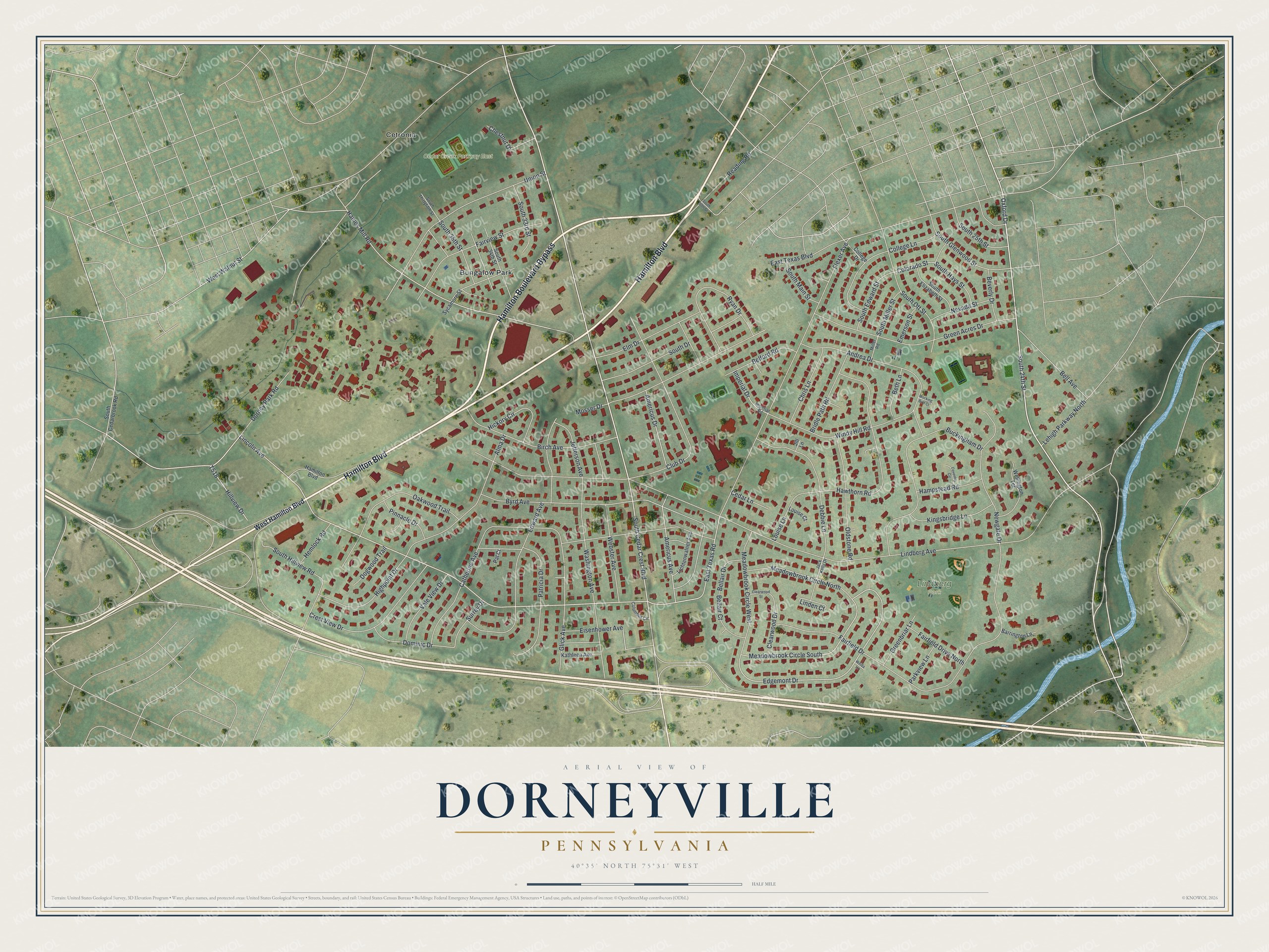 Full map of Dorneyville, Pennsylvania, with red buildings, printed street names and the land around them