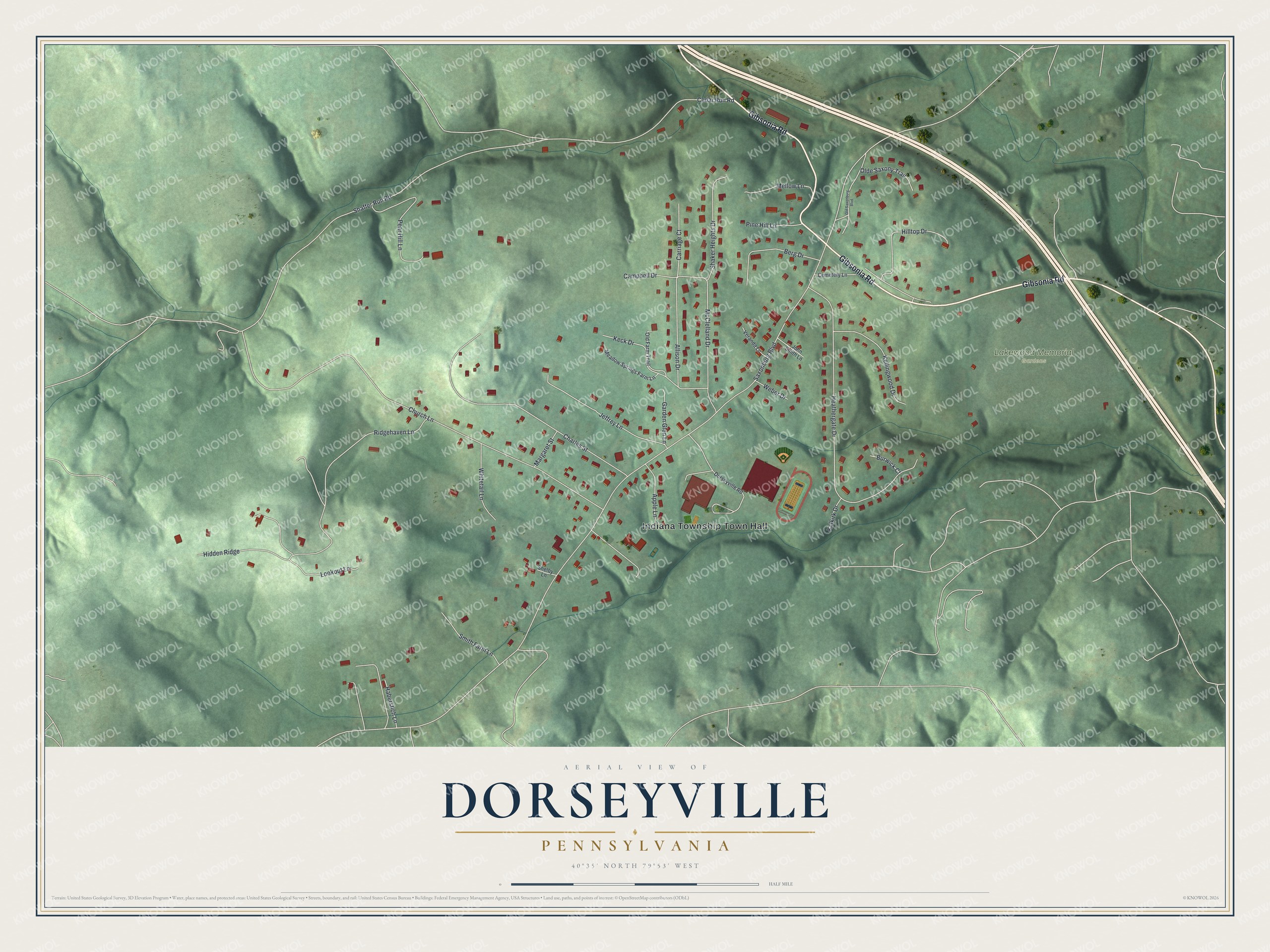 Full map of Dorseyville, Pennsylvania, with red buildings, printed street names and the land around them
