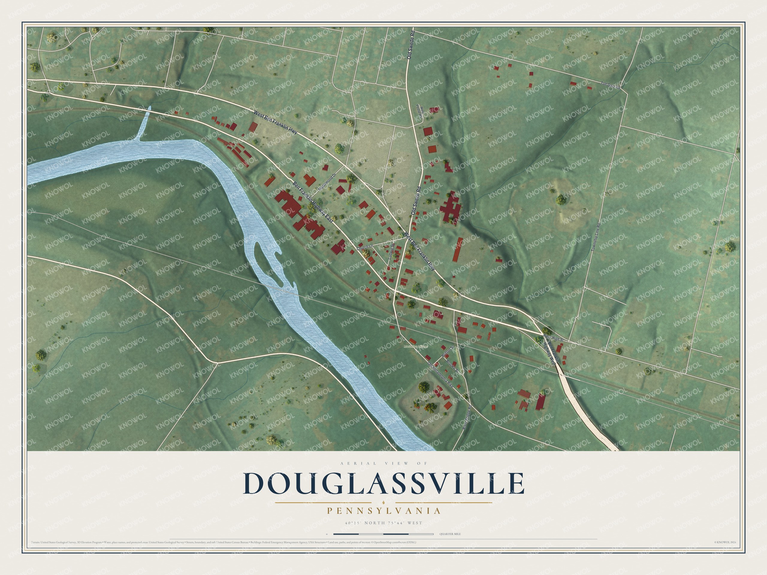 Full map of Douglassville, Pennsylvania, with red buildings, printed street names and the land around them
