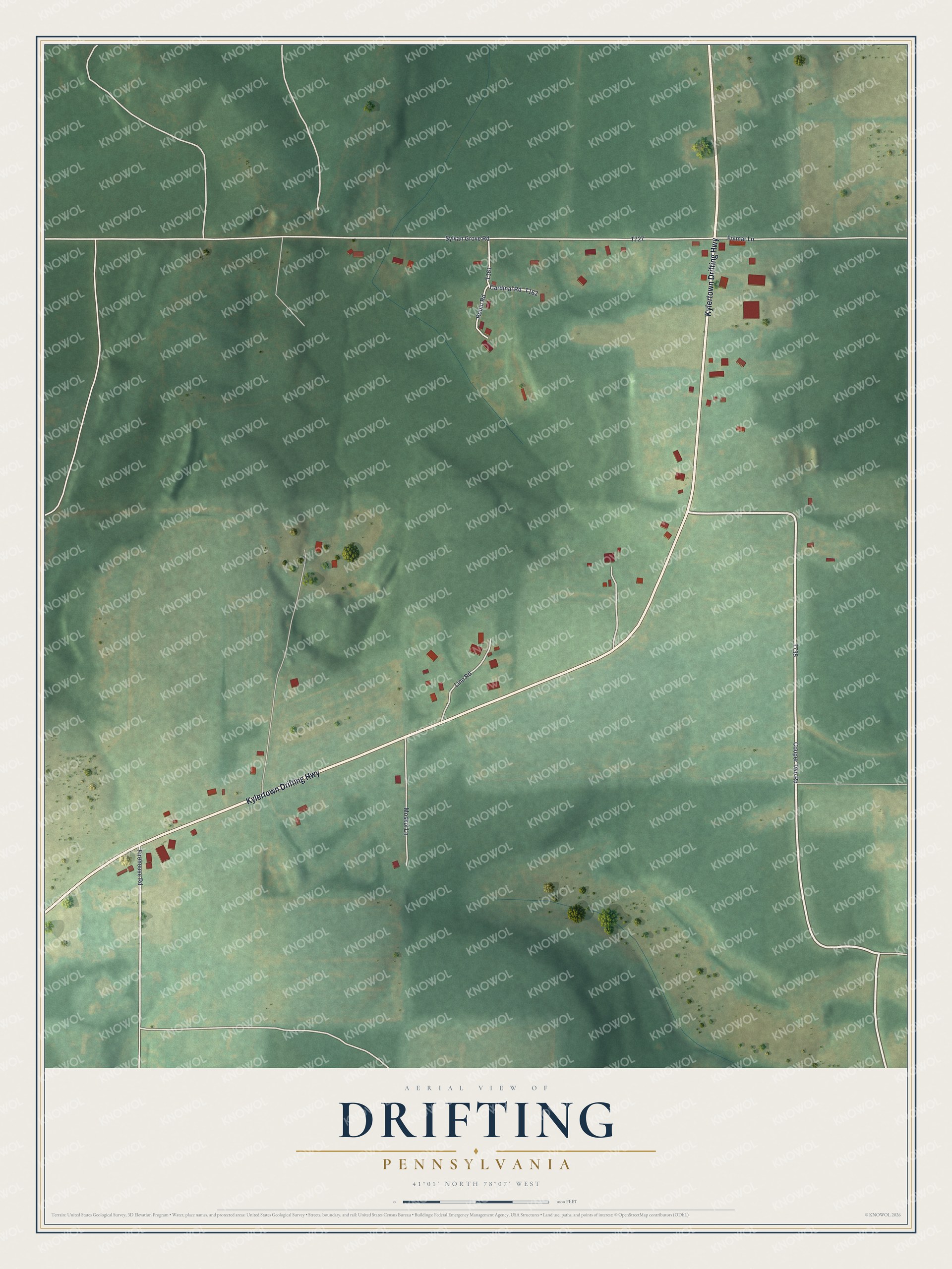 Full map of Drifting, Pennsylvania, with red buildings, printed street names and the land around them