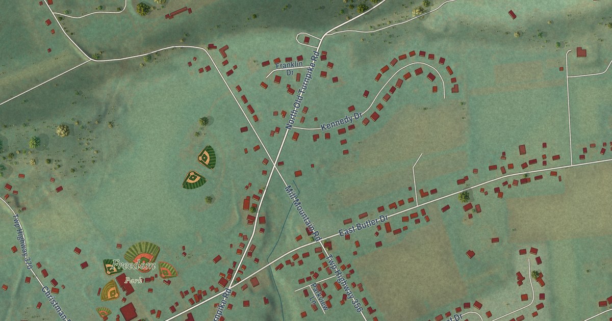 Close-up of streets and buildings in Drums, Pennsylvania