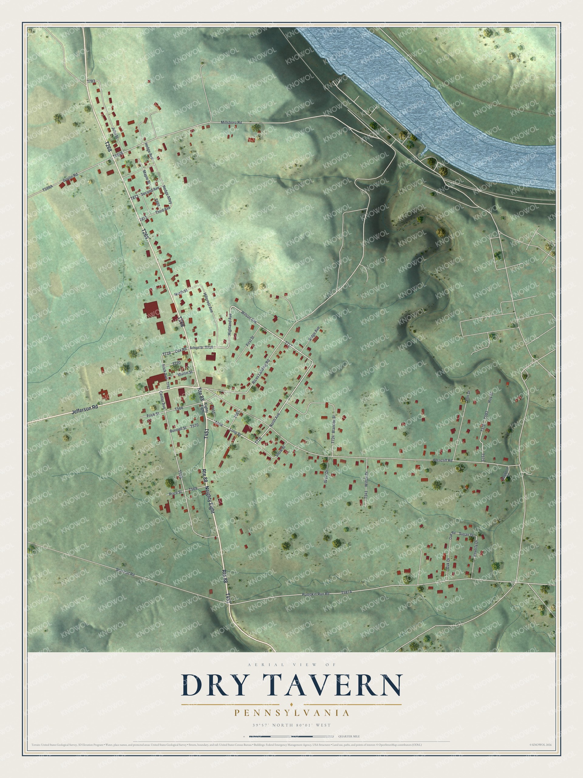 Full map of Dry Tavern, Pennsylvania, with red buildings, printed street names and the land around them