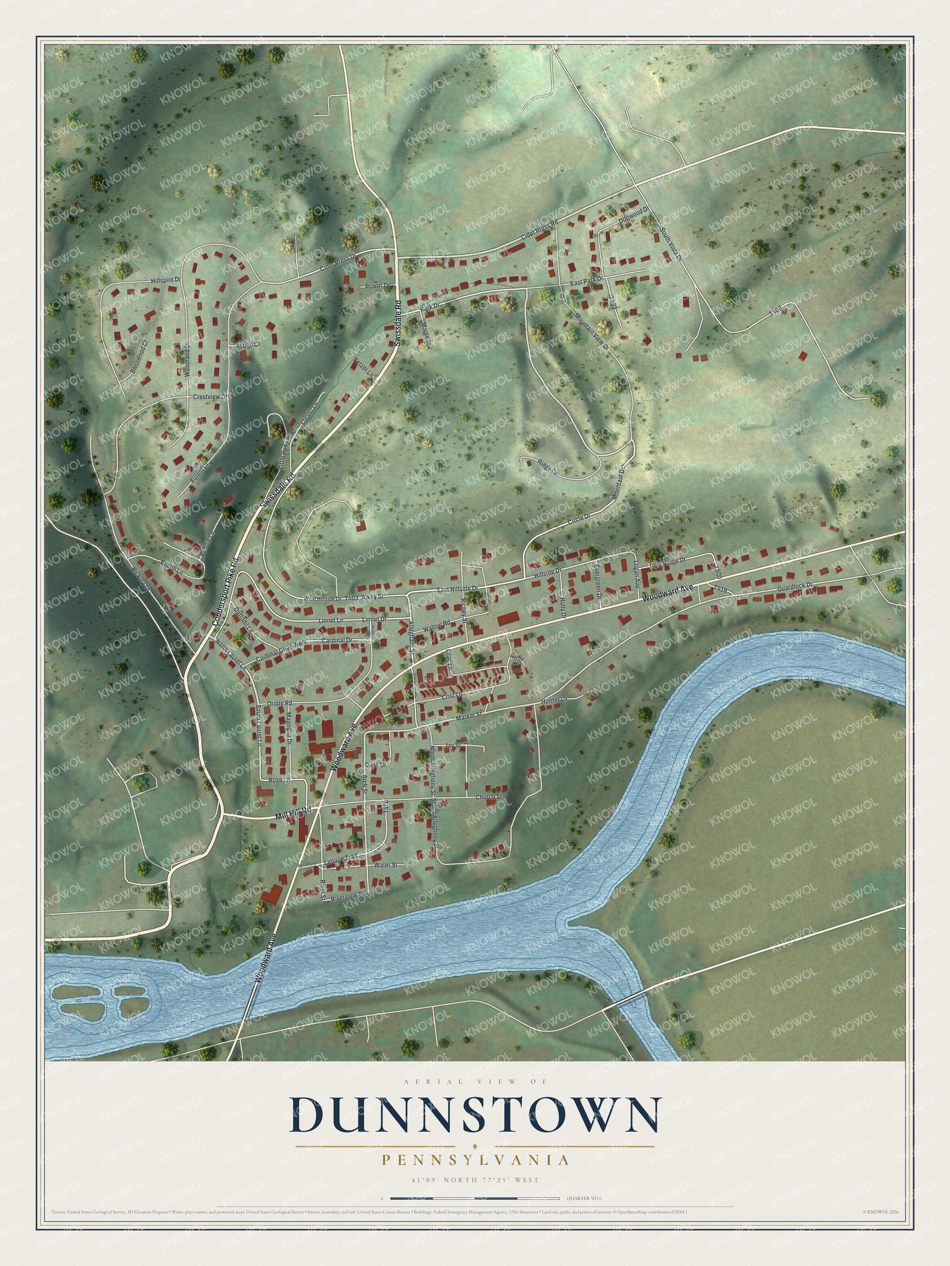 Full map of Dunnstown, Pennsylvania, with red buildings, printed street names and the land around them