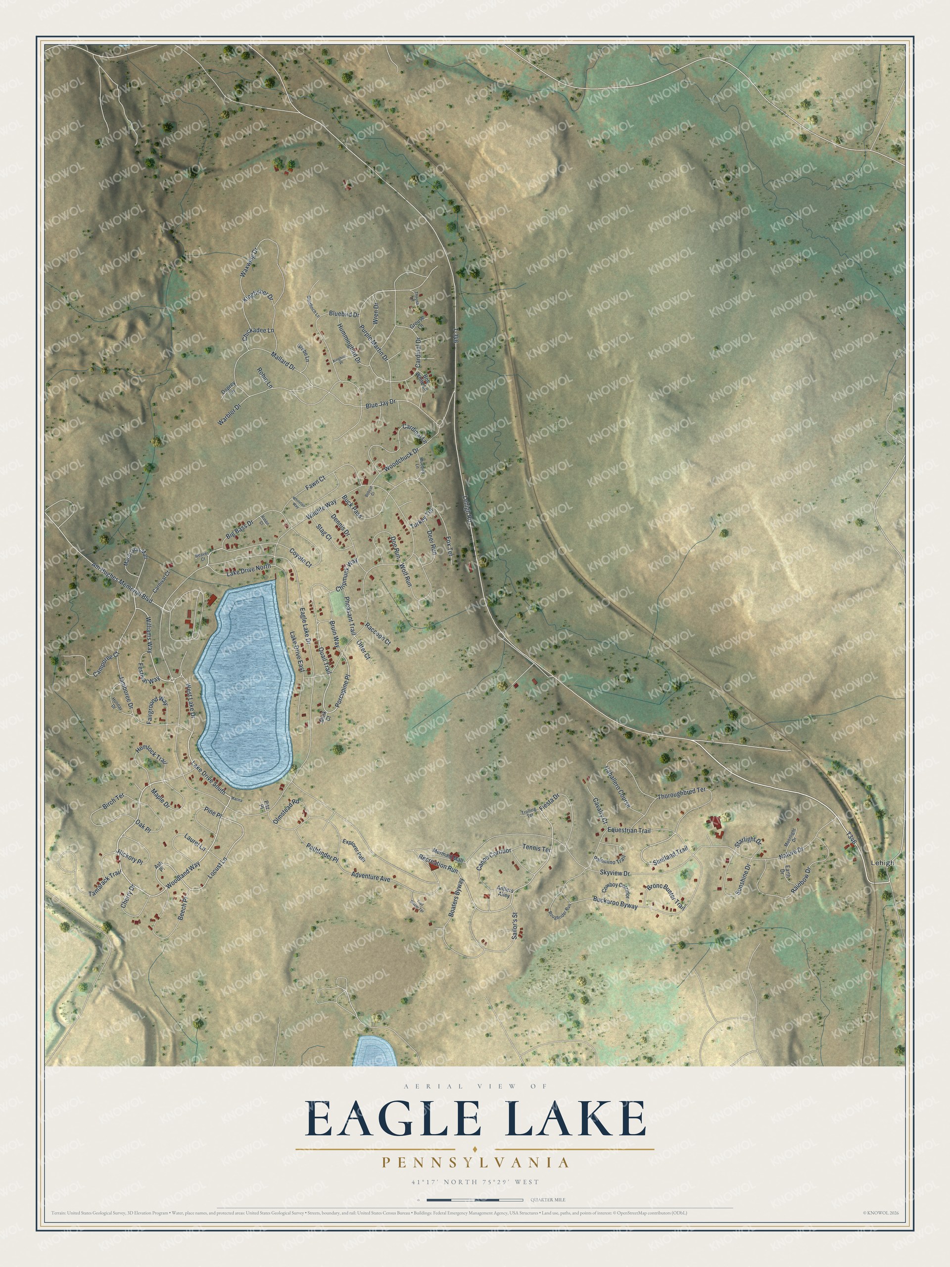 Full map of Eagle Lake, Pennsylvania, with red buildings, printed street names and the land around them