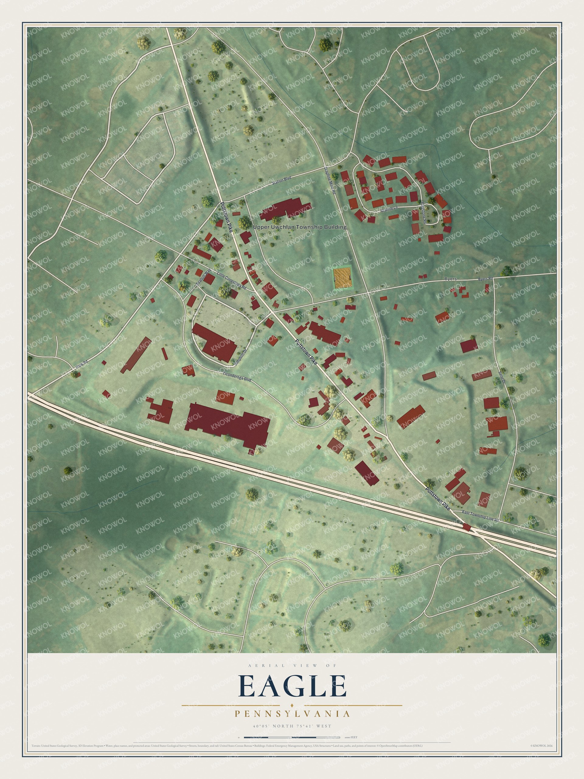 Full map of Eagle, Pennsylvania, with red buildings, printed street names and the land around them