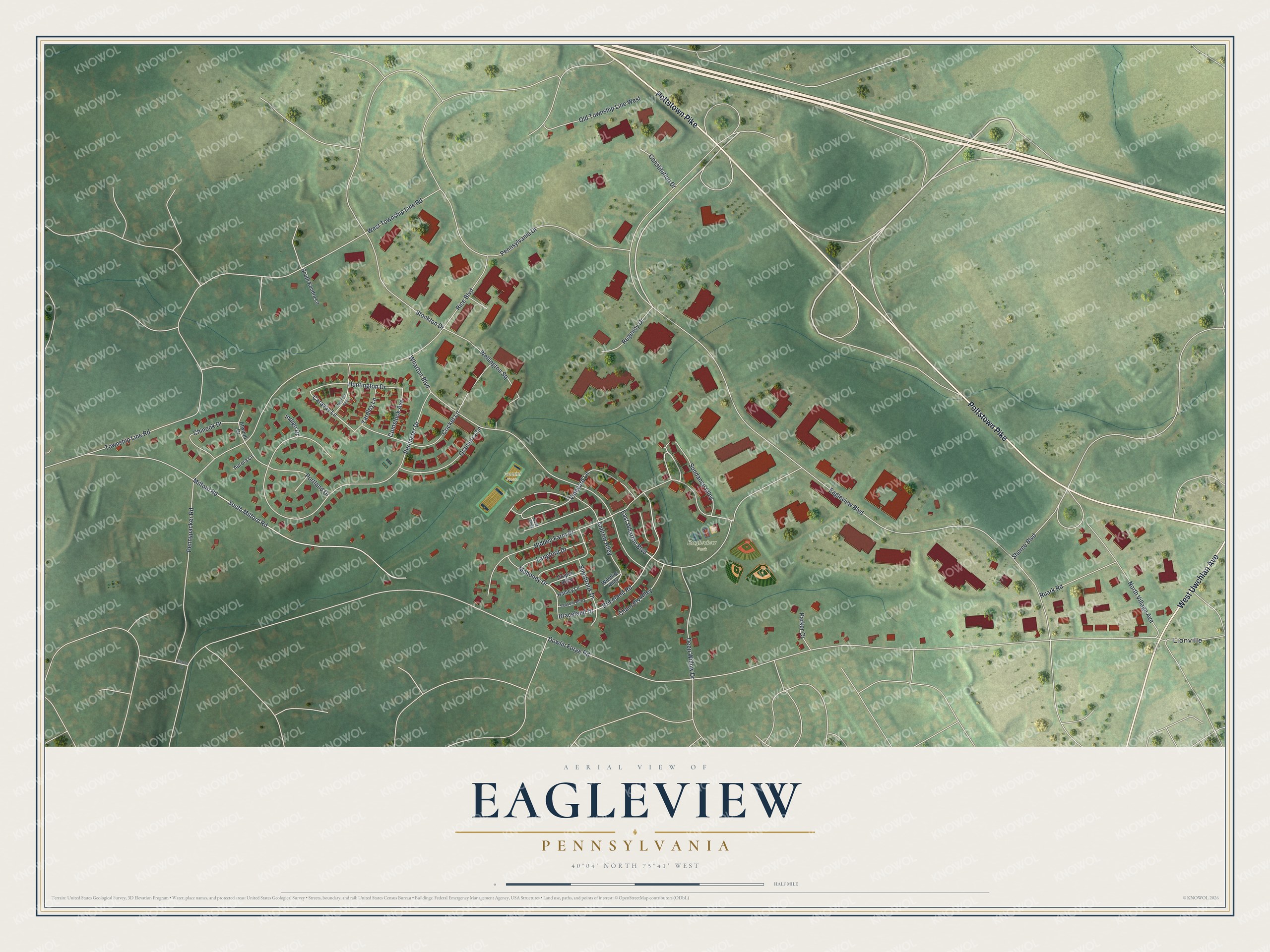 Full map of Eagleview, Pennsylvania, with red buildings, printed street names and the land around them