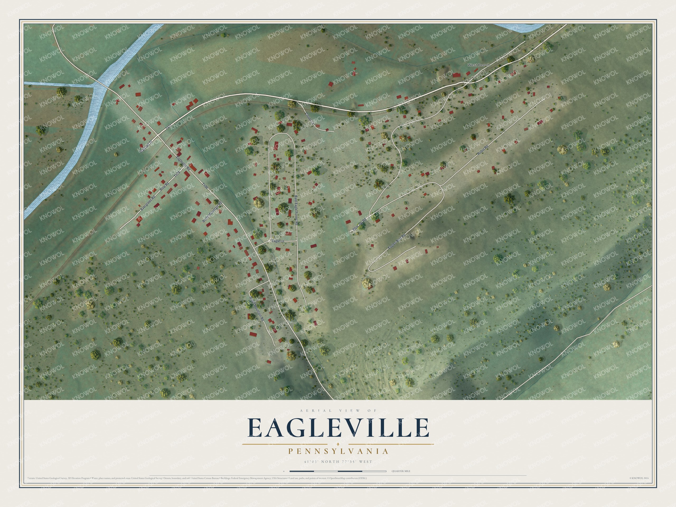 Full map of Eagleville, Pennsylvania, with red buildings, printed street names and the land around them