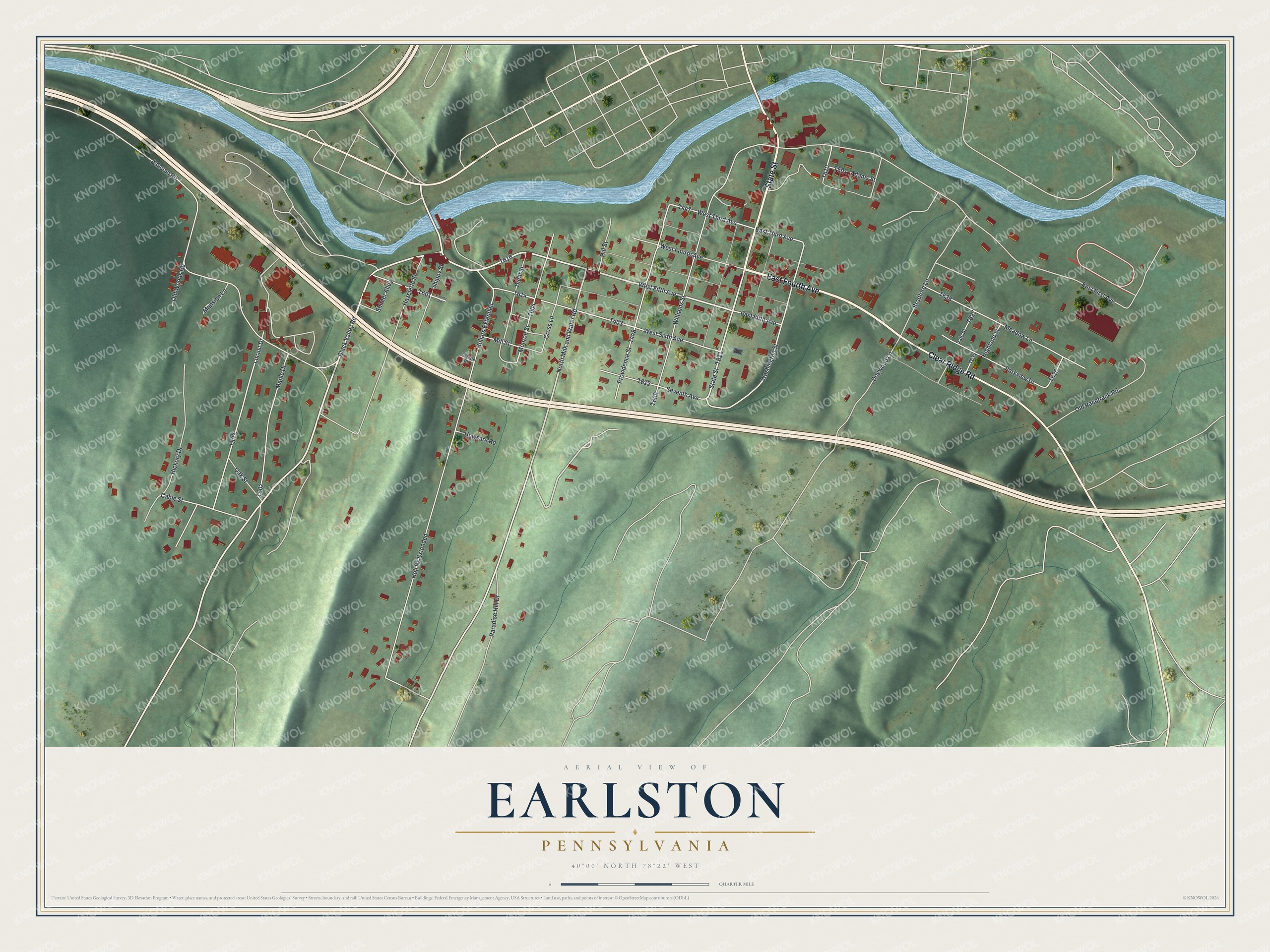 Full map of Earlston, Pennsylvania, with red buildings, printed street names and the land around them