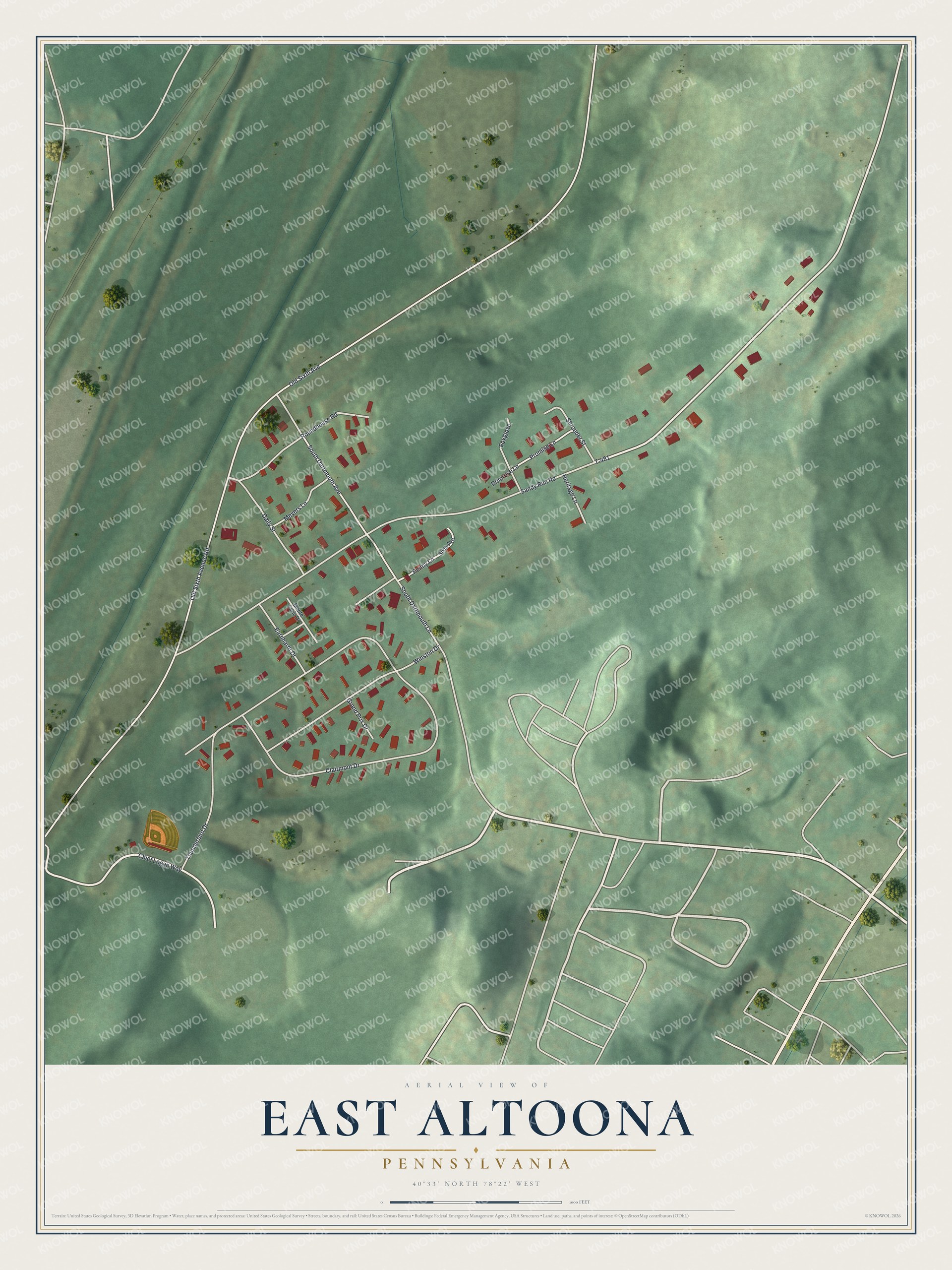 Full map of East Altoona, Pennsylvania, with red buildings, printed street names and the land around them