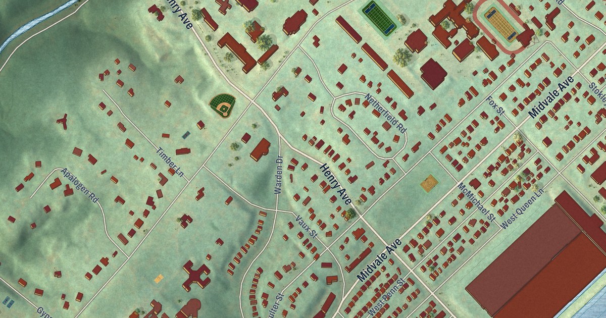 Close-up of streets and buildings in East Falls, Pennsylvania