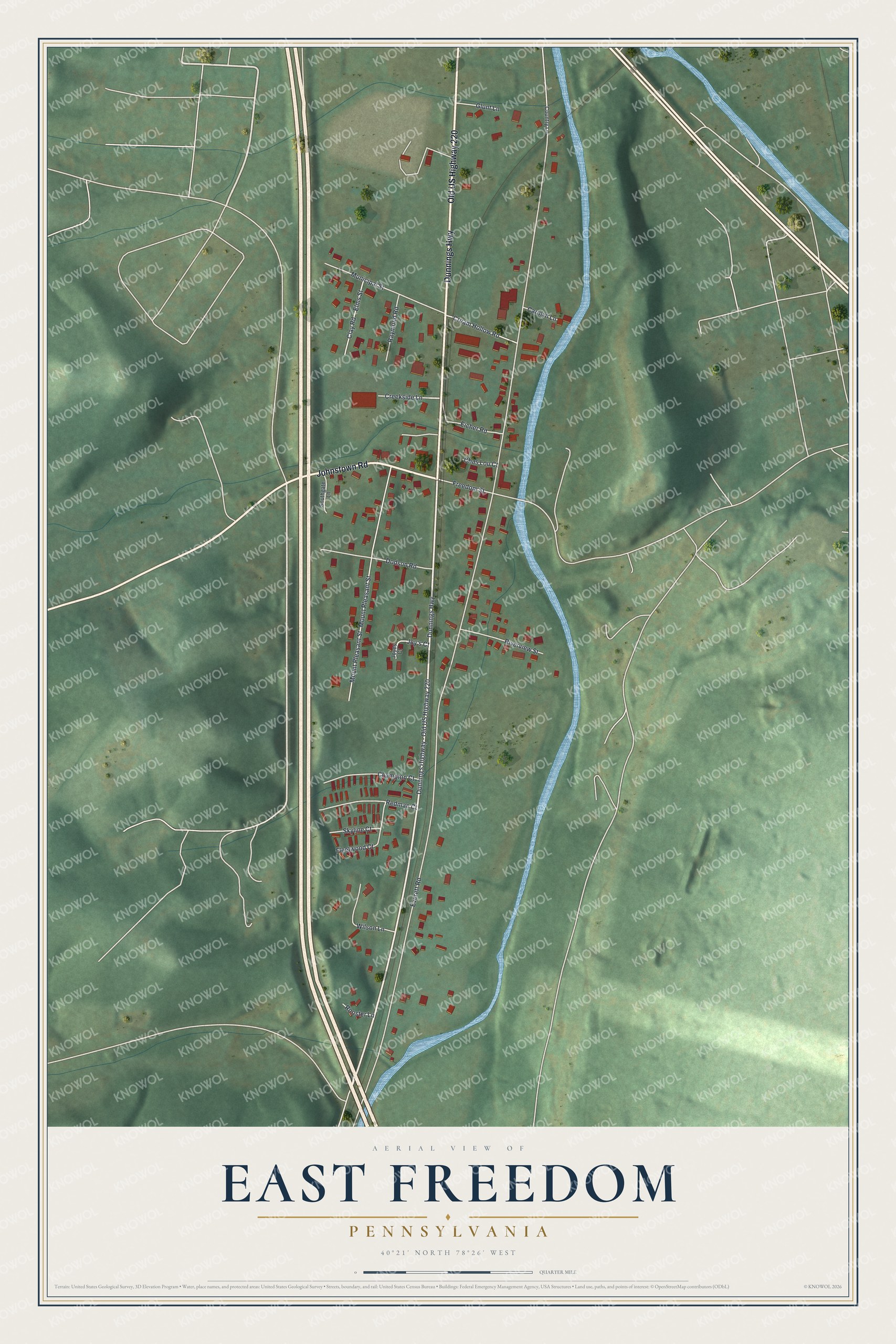 Full map of East Freedom, Pennsylvania, with red buildings, printed street names and the land around them