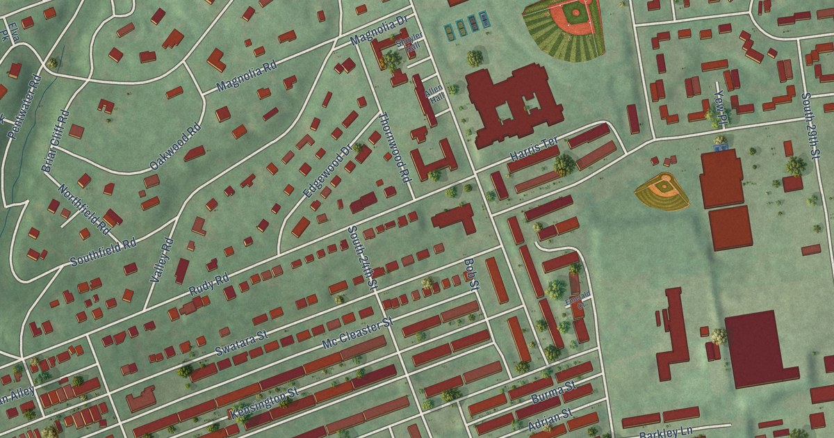 Close-up of streets and buildings in East Harrisburg, Pennsylvania
