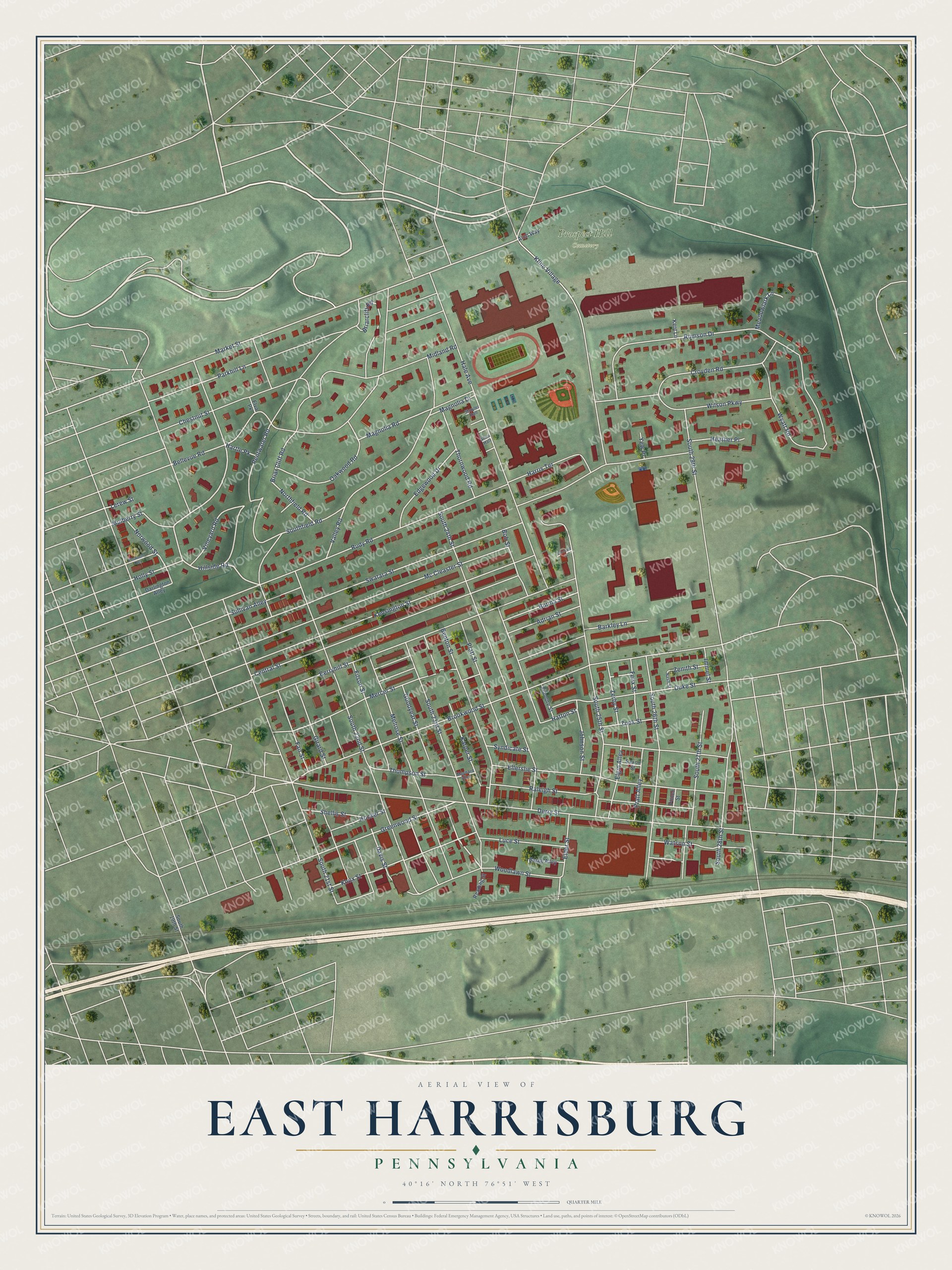 Full map of East Harrisburg, Pennsylvania, with red buildings, printed street names and the land around them
