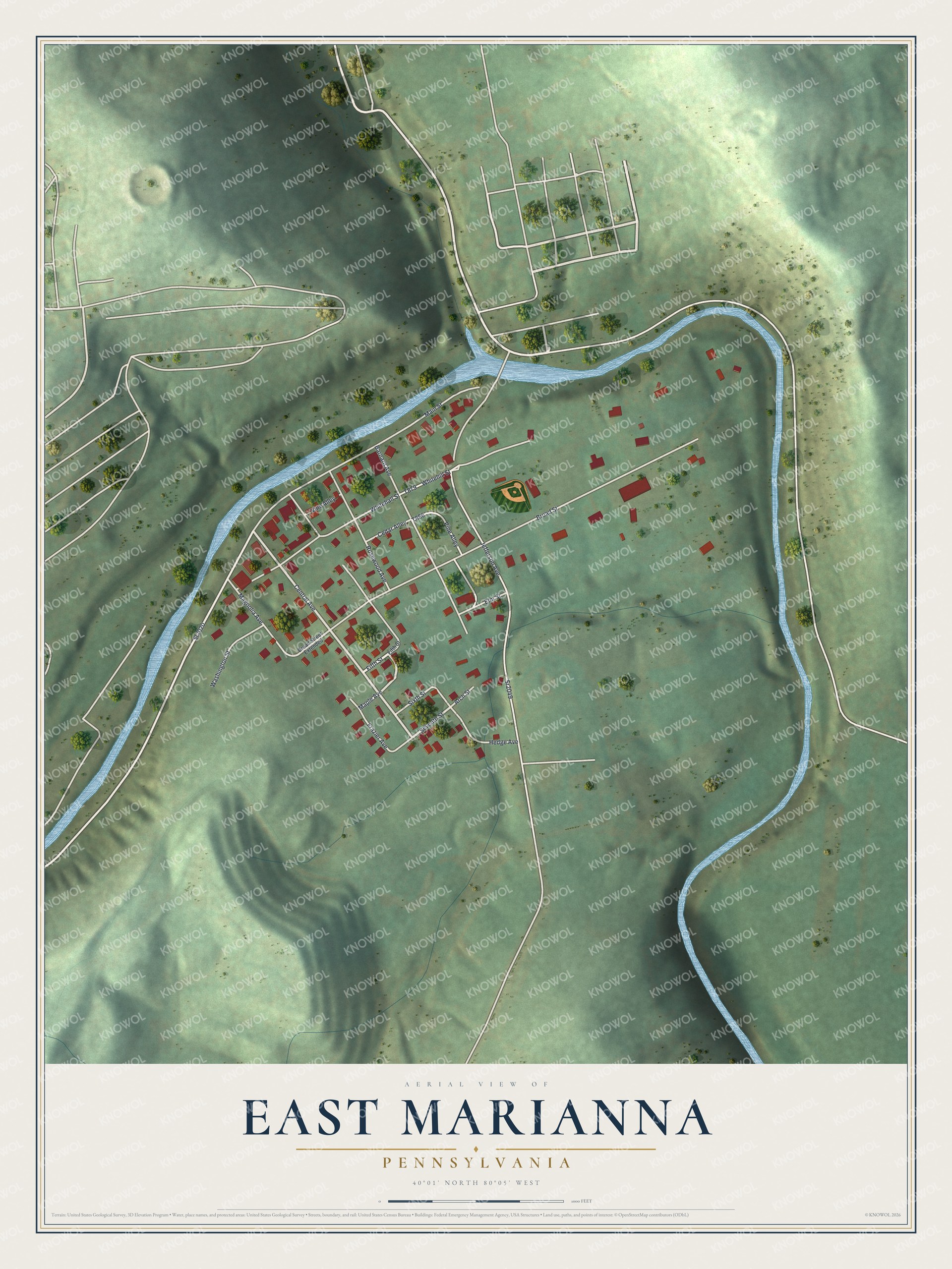 Full map of East Marianna, Pennsylvania, with red buildings, printed street names and the land around them