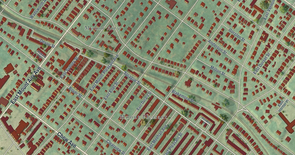 Close-up of streets and buildings in East Mount Airy, Pennsylvania