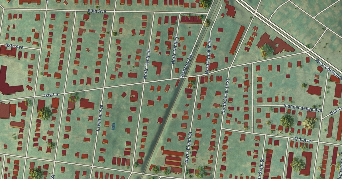 Close-up of streets and buildings in East Oak Lane, Pennsylvania