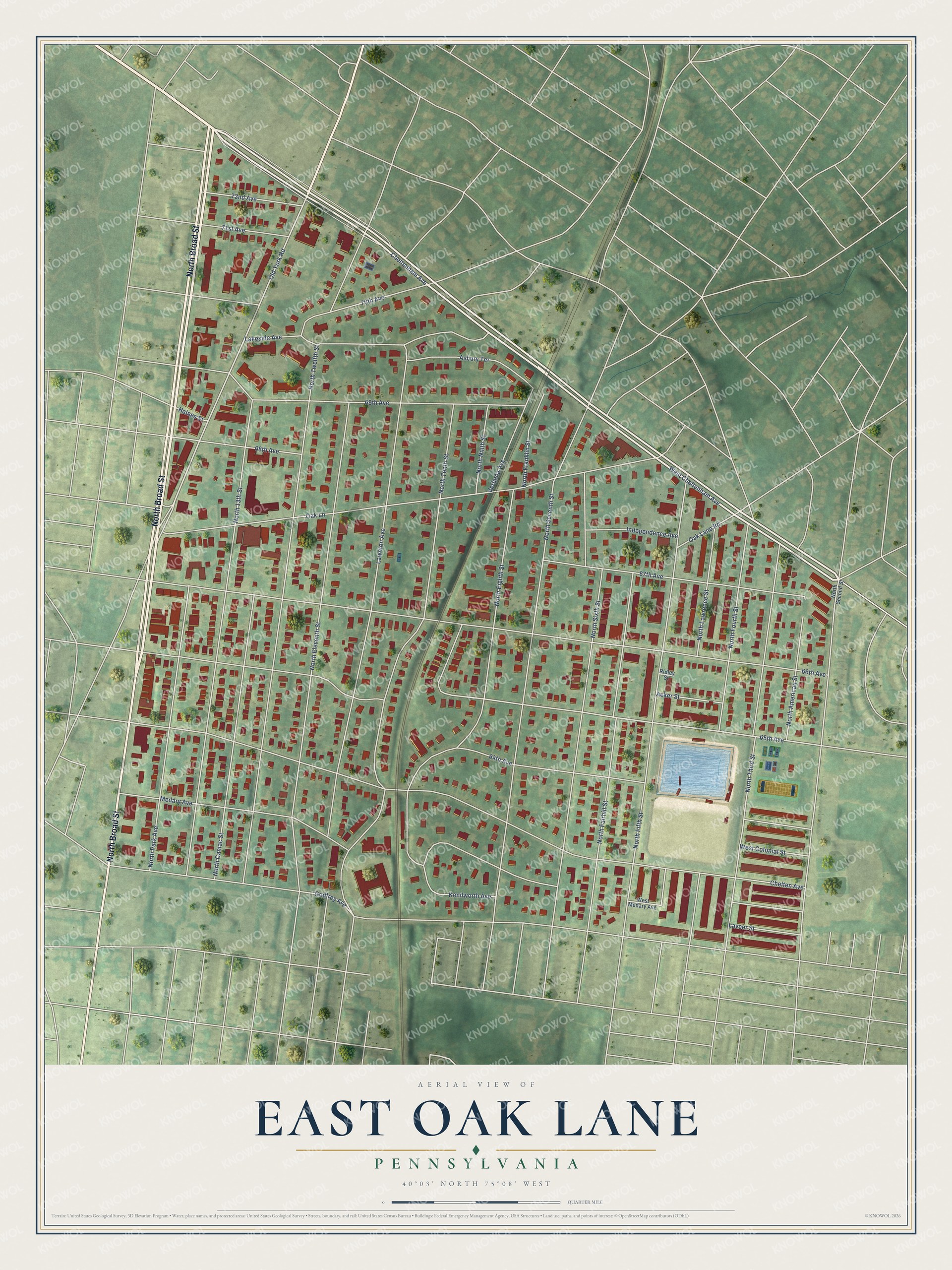 Full map of East Oak Lane, Pennsylvania, with red buildings, printed street names and the land around them