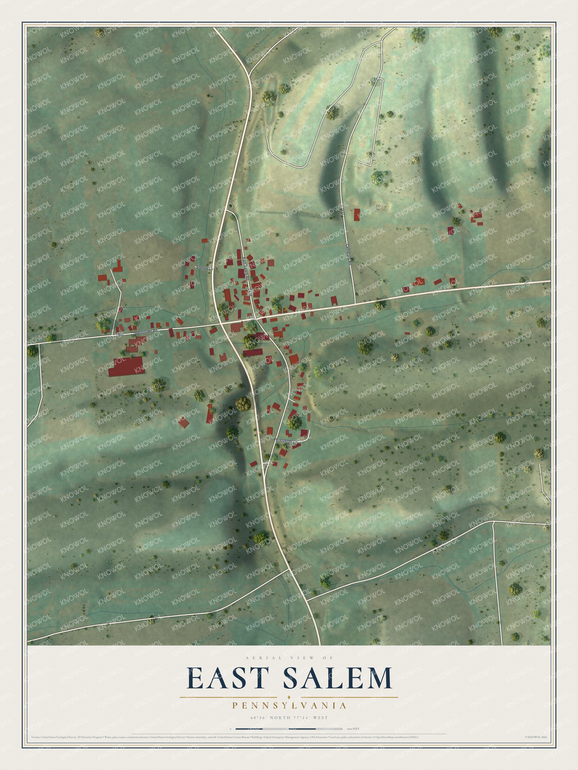 Full map of East Salem, Pennsylvania, with red buildings, printed street names and the land around them