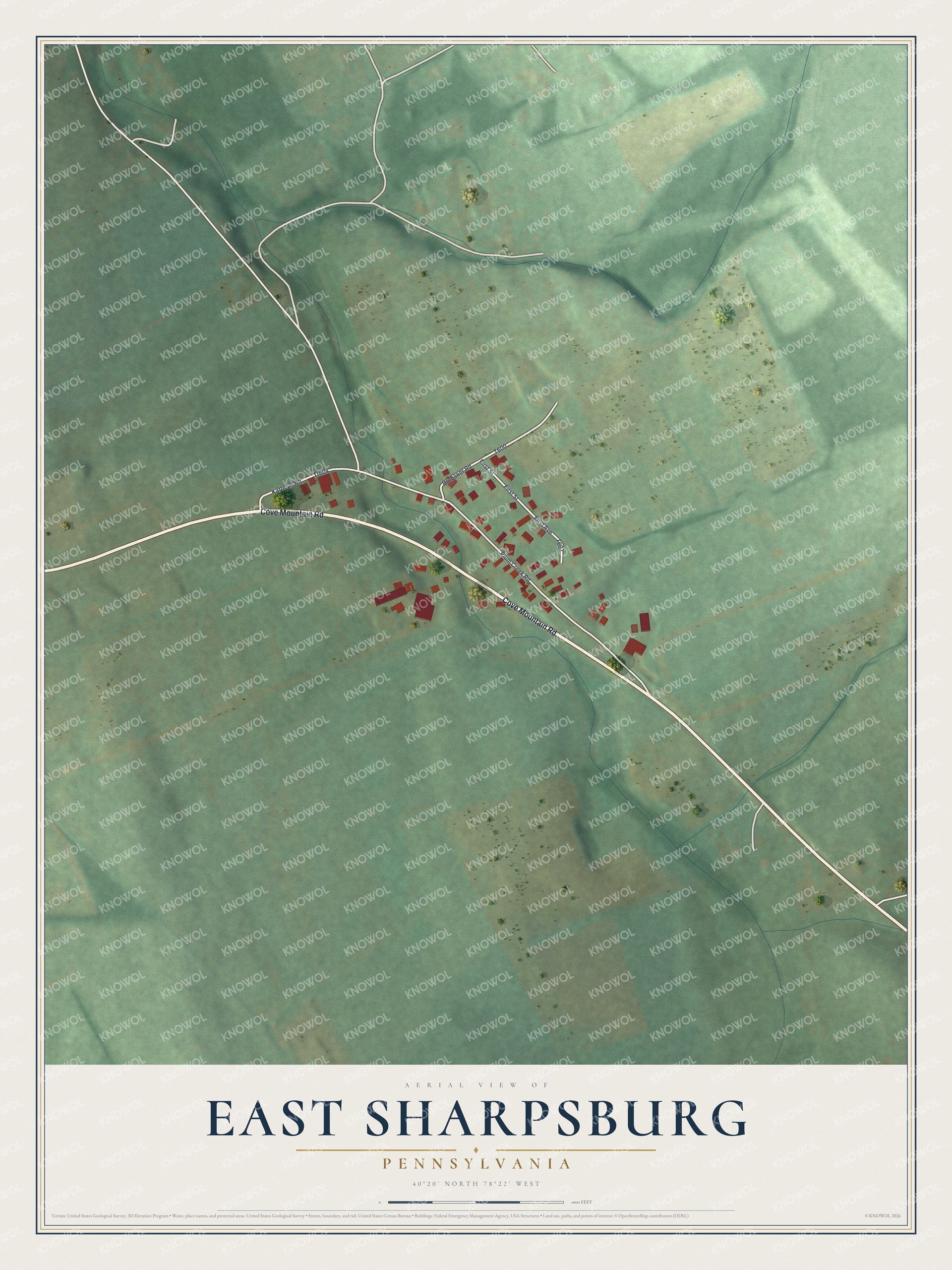 Full map of East Sharpsburg, Pennsylvania, with red buildings, printed street names and the land around them