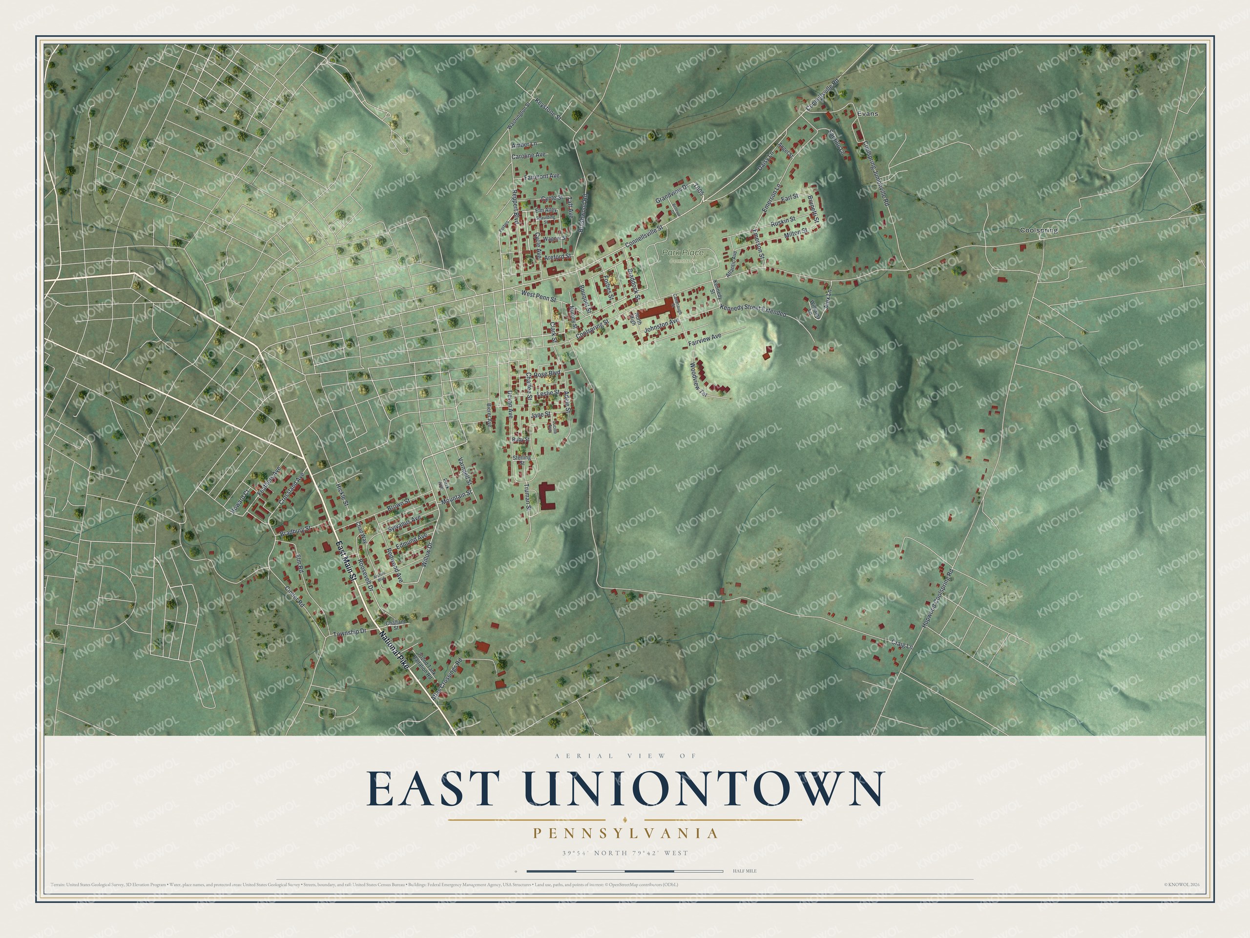 Full map of East Uniontown, Pennsylvania, with red buildings, printed street names and the land around them