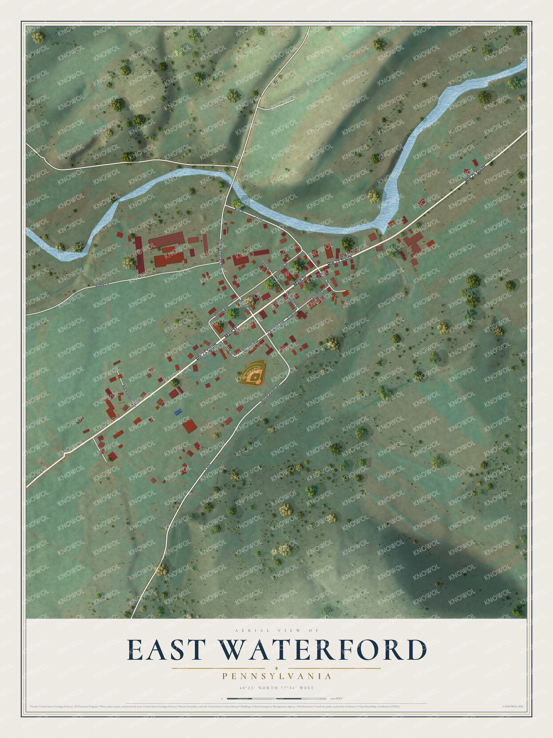 Full map of East Waterford, Pennsylvania, with red buildings, printed street names and the land around them
