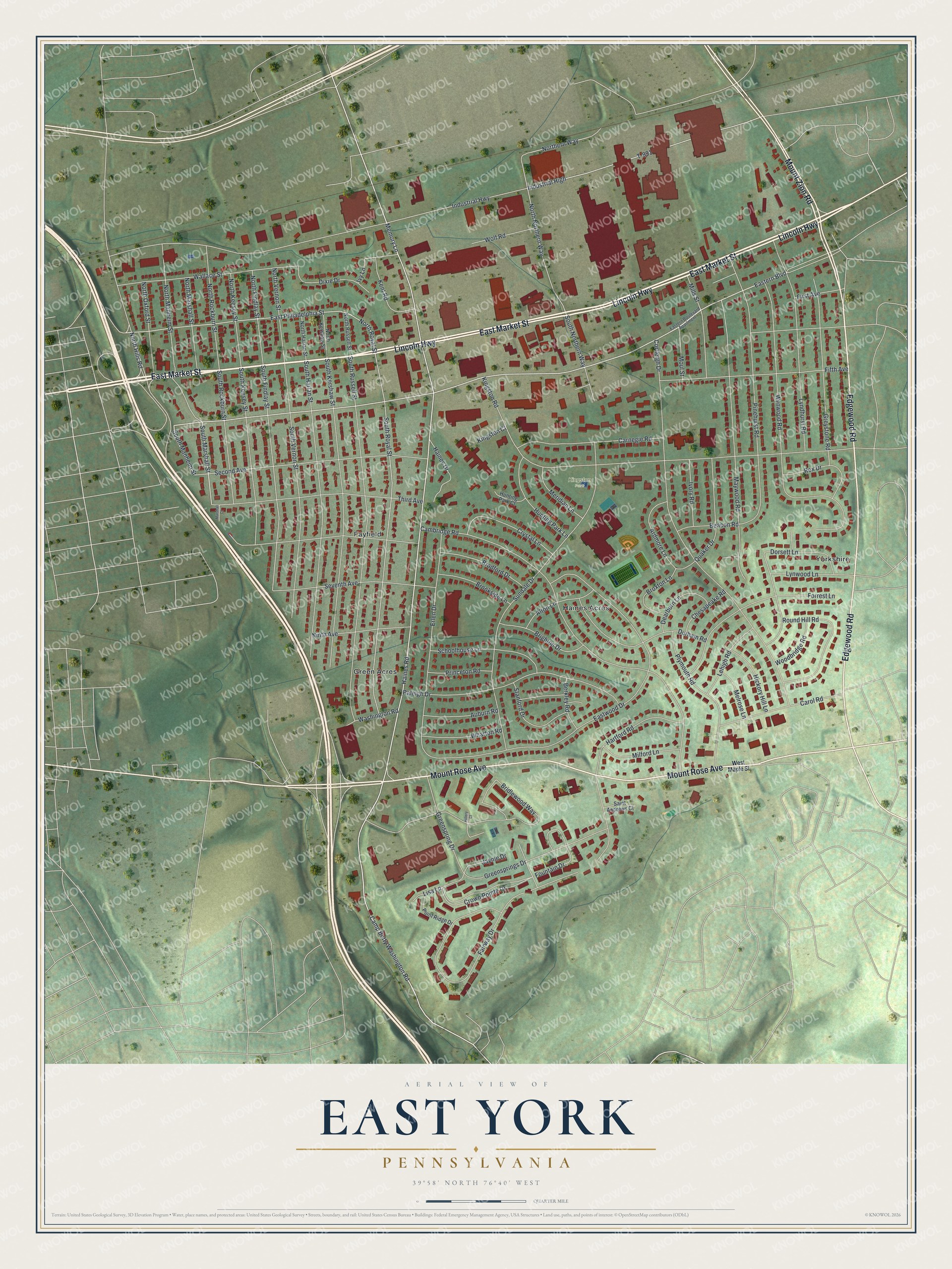 Full map of East York, Pennsylvania, with red buildings, printed street names and the land around them