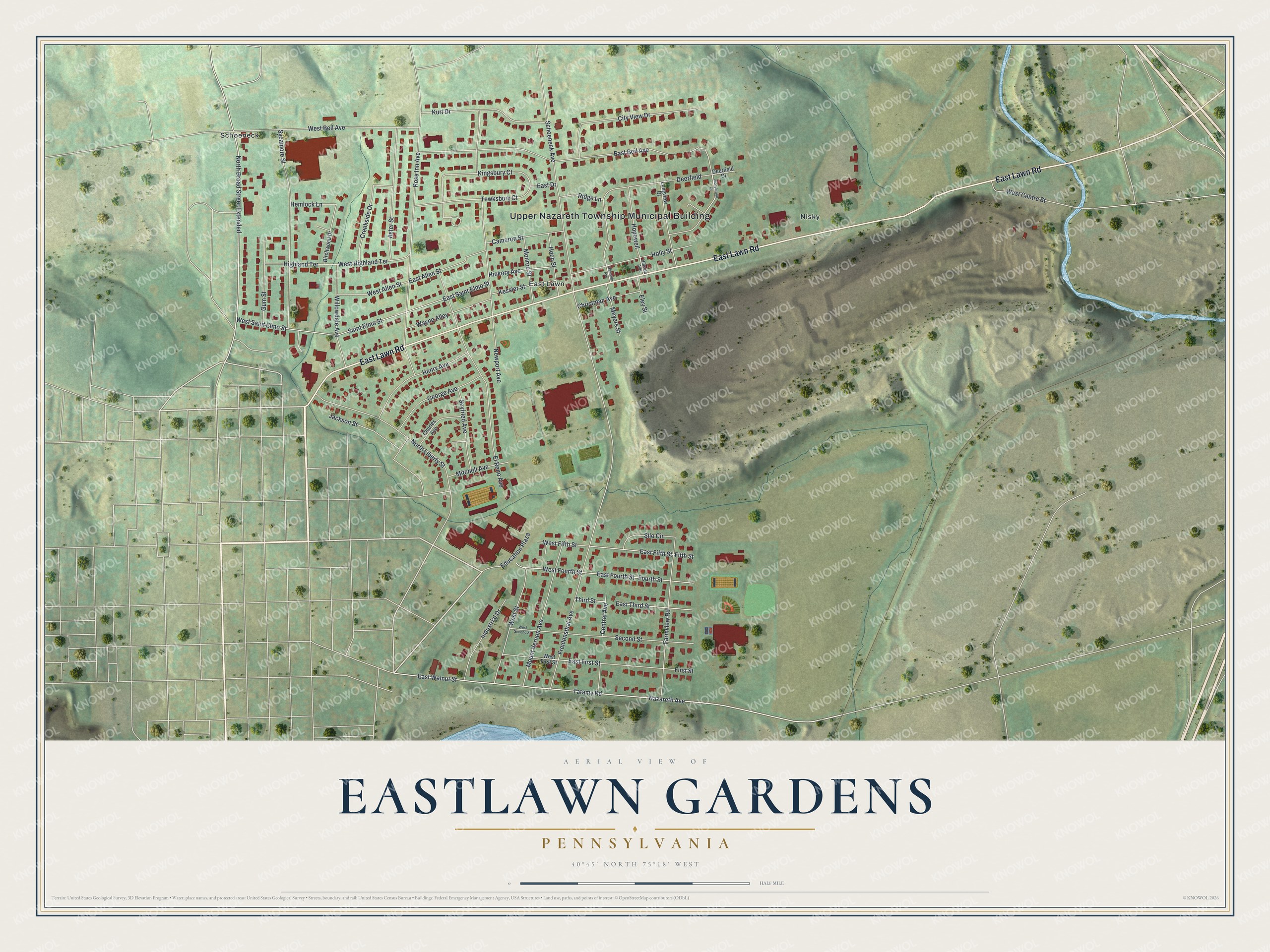 Full map of Eastlawn Gardens, Pennsylvania, with red buildings, printed street names and the land around them