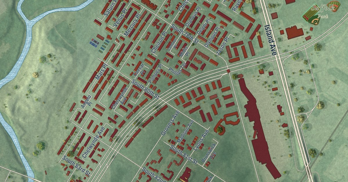 Close-up of streets and buildings in Eastwick, Pennsylvania