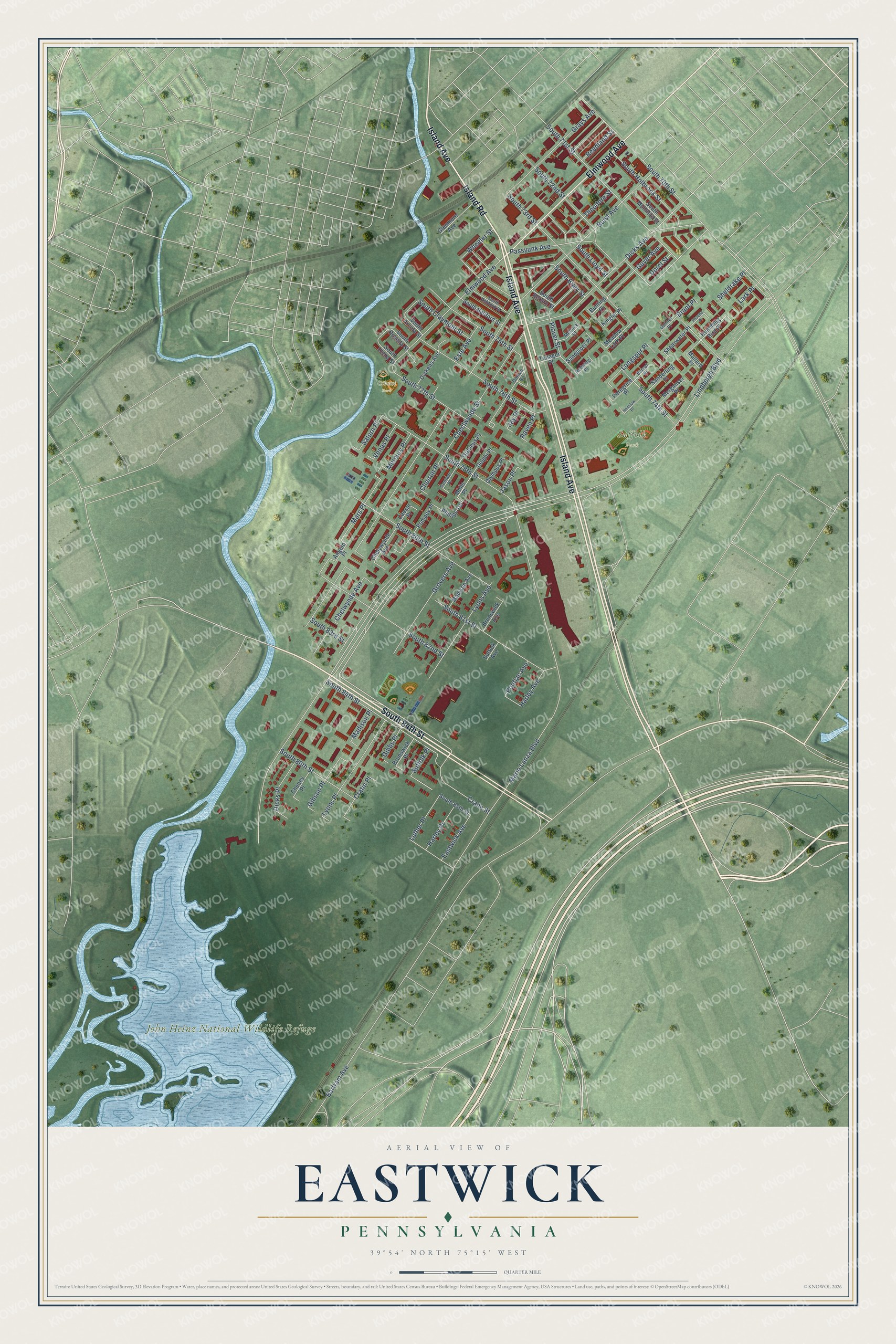Full map of Eastwick, Pennsylvania, with red buildings, printed street names and the land around them