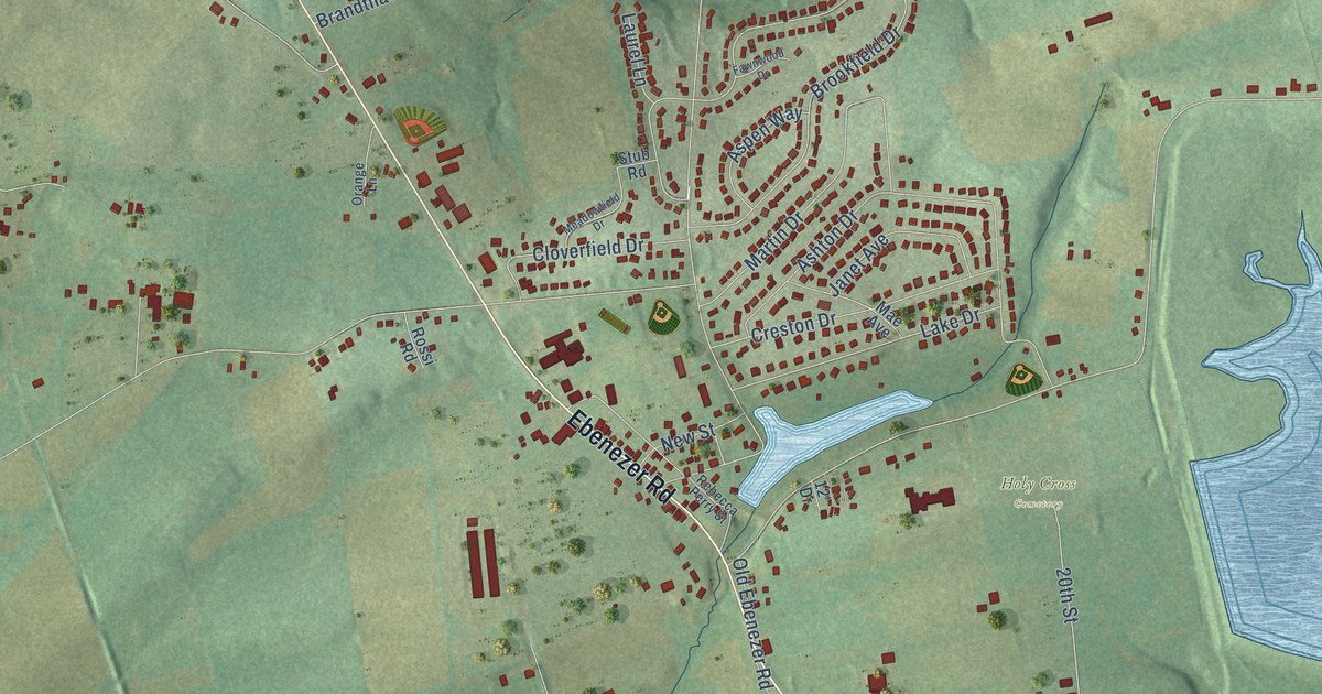 Close-up of streets and buildings in Ebenezer, Pennsylvania