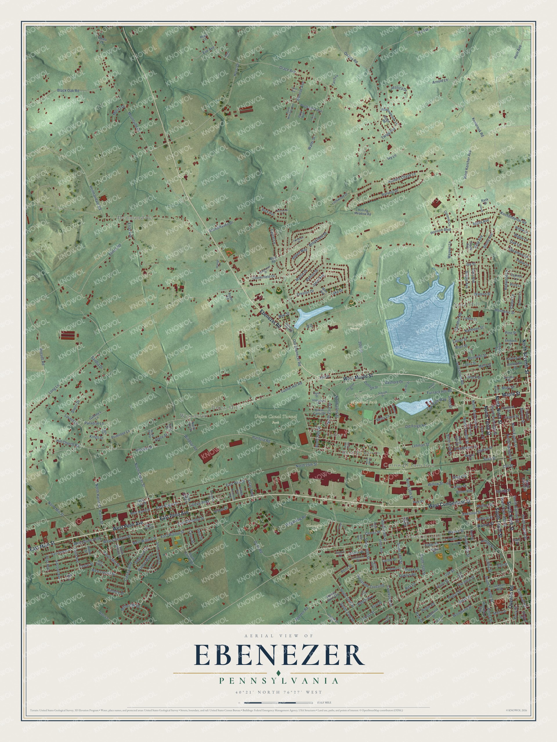 Full map of Ebenezer, Pennsylvania, with red buildings, printed street names and the land around them