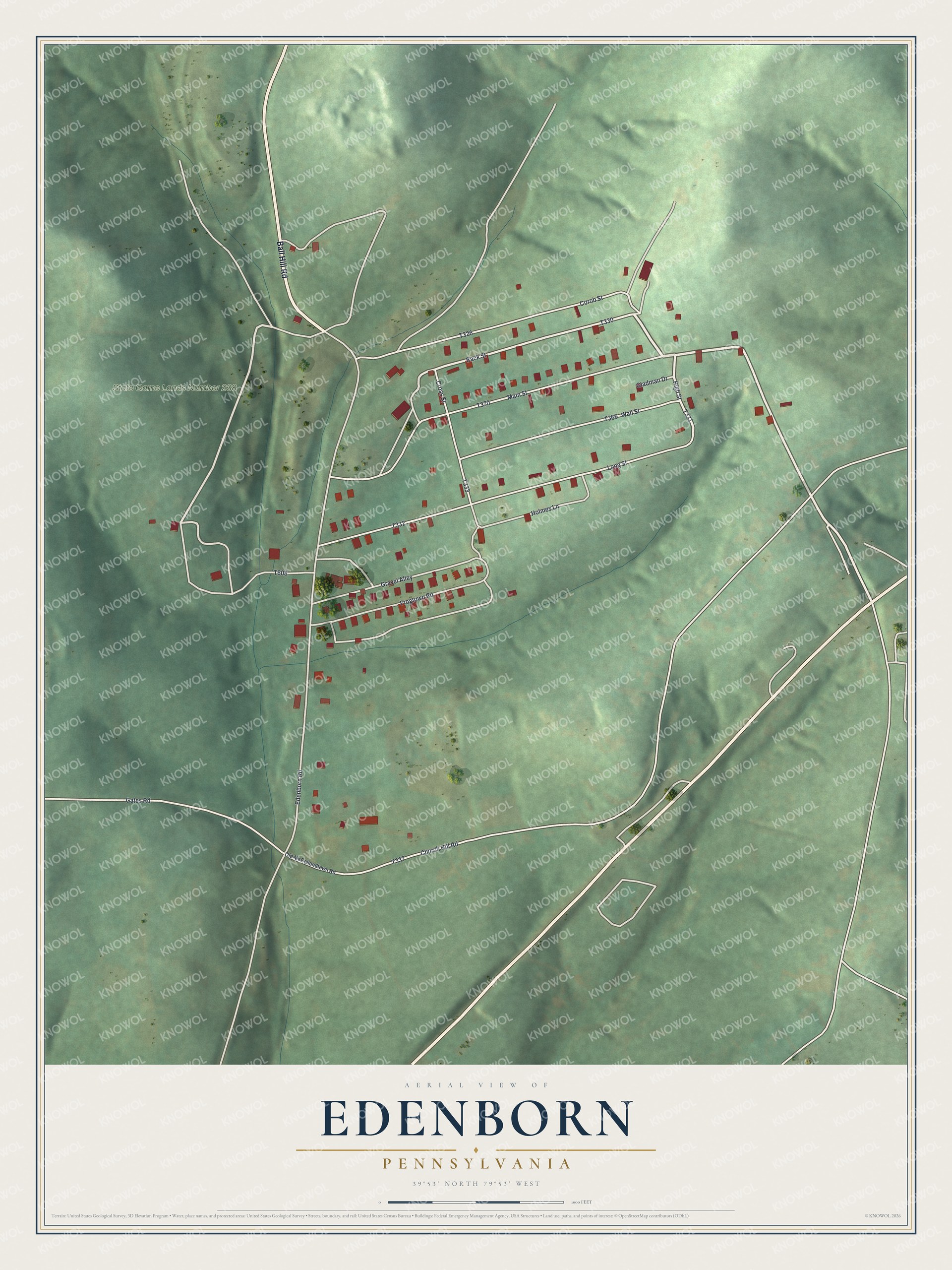 Full map of Edenborn, Pennsylvania, with red buildings, printed street names and the land around them