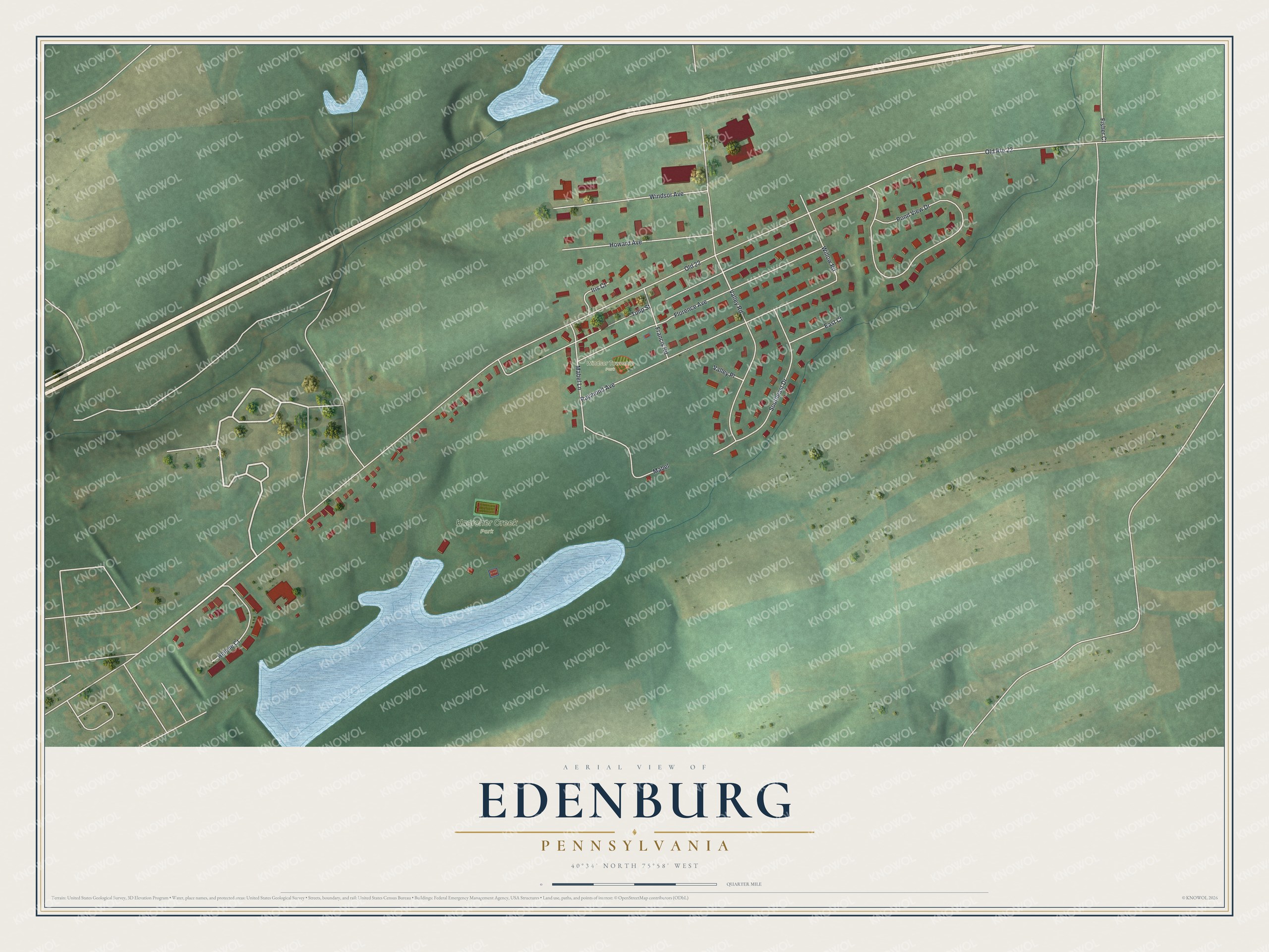 Full map of Edenburg, Pennsylvania, with red buildings, printed street names and the land around them