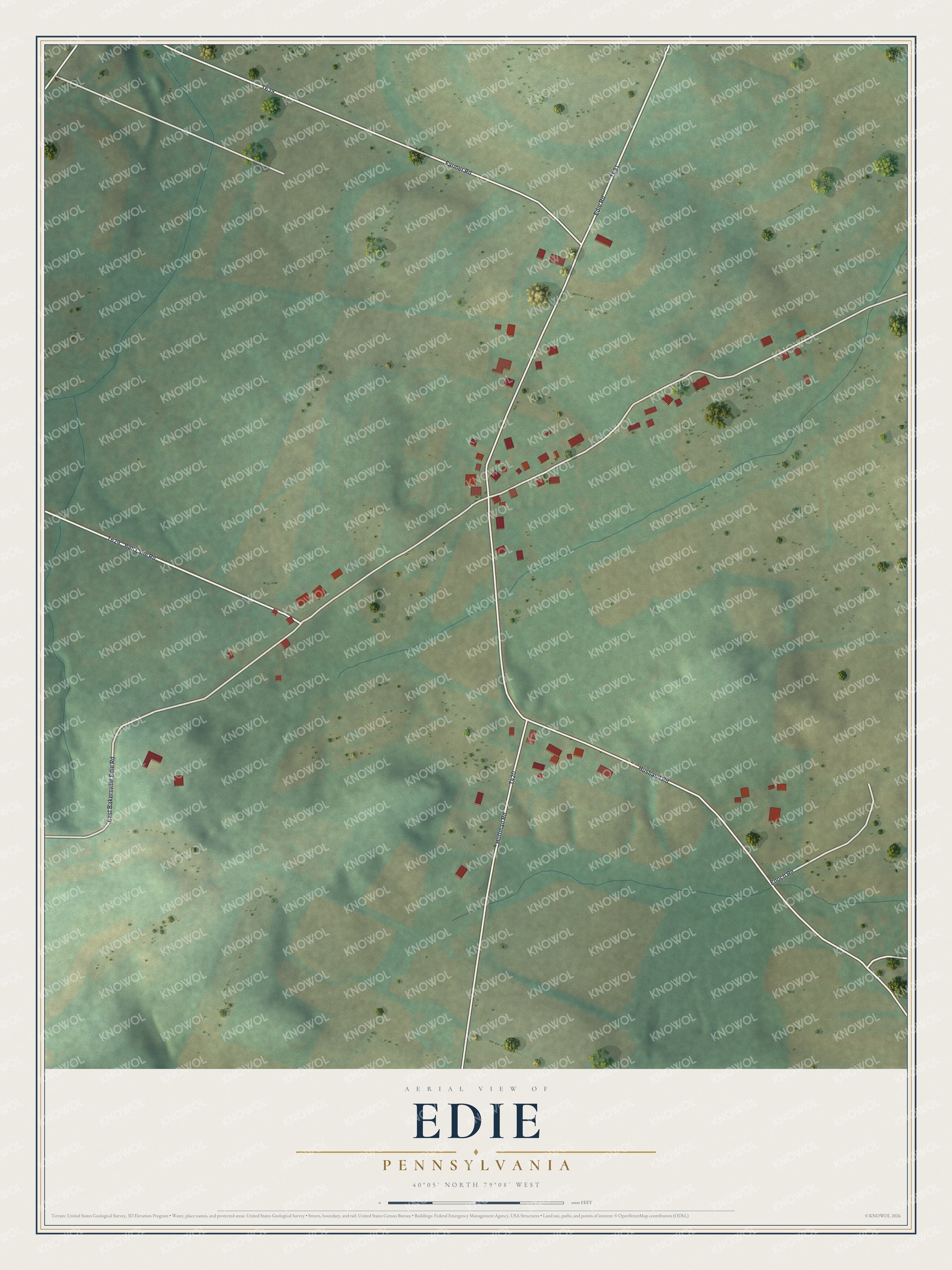 Full map of Edie, Pennsylvania, with red buildings, printed street names and the land around them