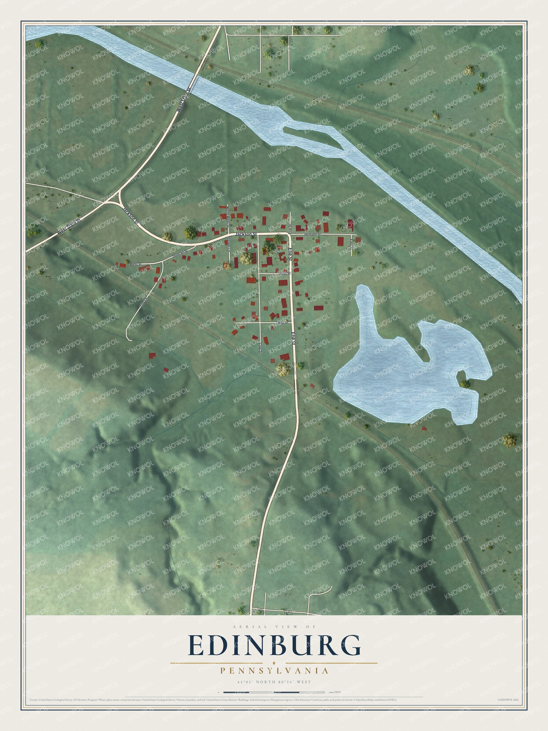 Full map of Edinburg, Pennsylvania, with red buildings, printed street names and the land around them
