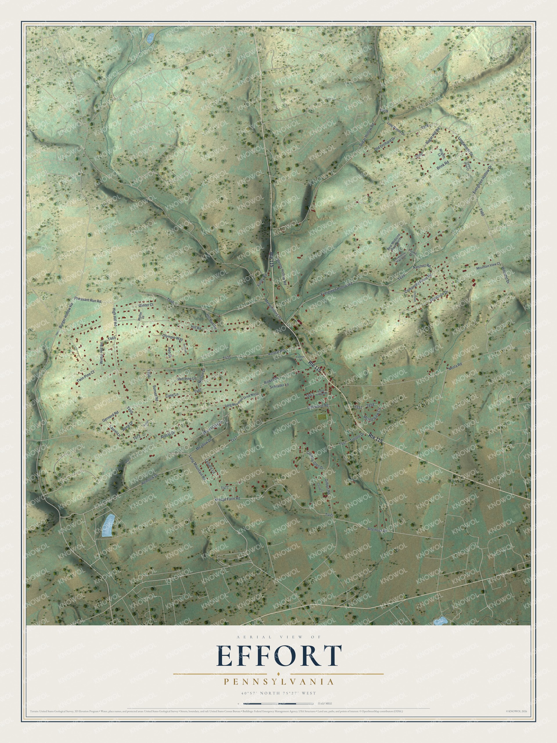 Full map of Effort, Pennsylvania, with red buildings, printed street names and the land around them