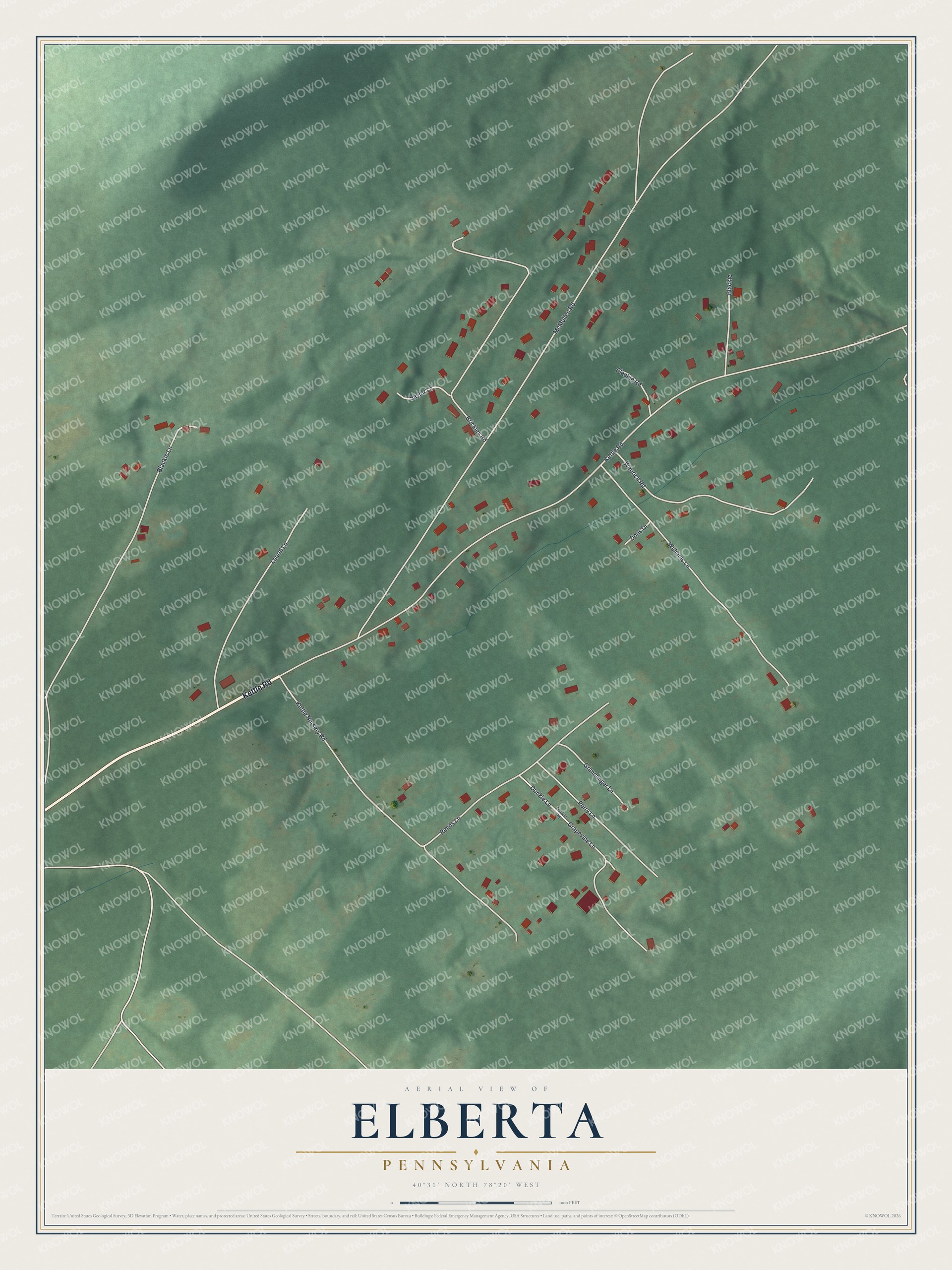 Full map of Elberta, Pennsylvania, with red buildings, printed street names and the land around them