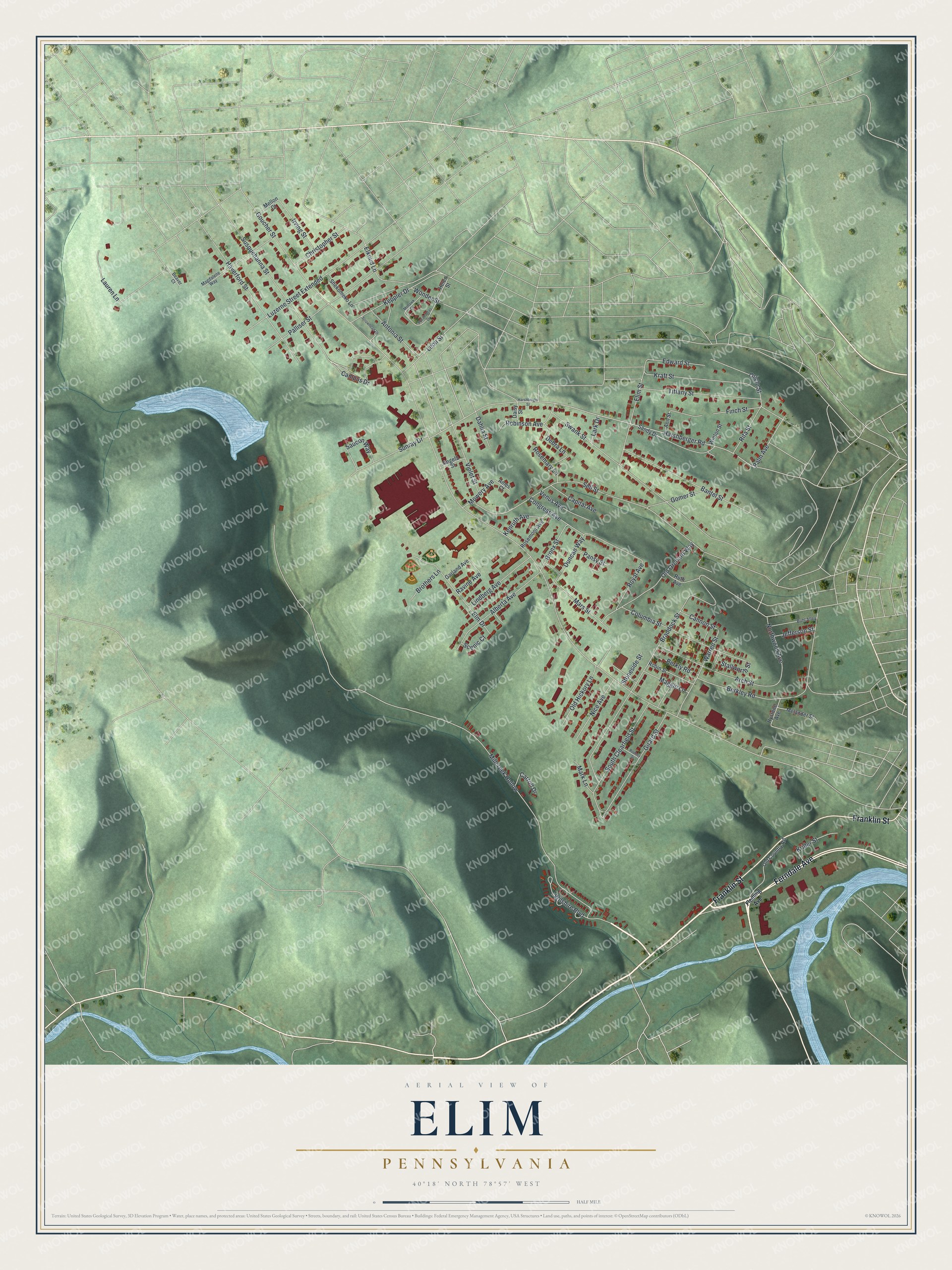 Full map of Elim, Pennsylvania, with red buildings, printed street names and the land around them