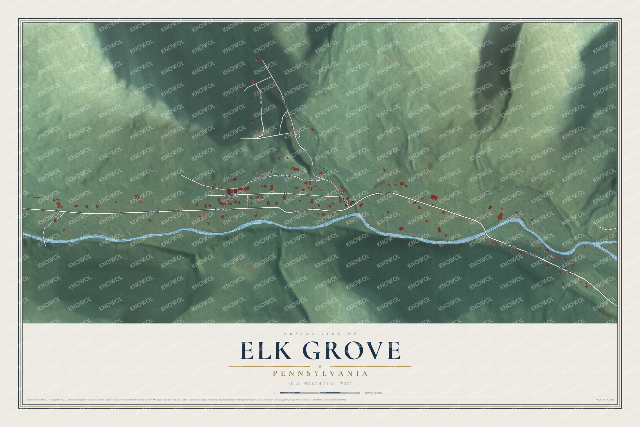 Full map of Elk Grove, Pennsylvania, with red buildings, printed street names and the land around them