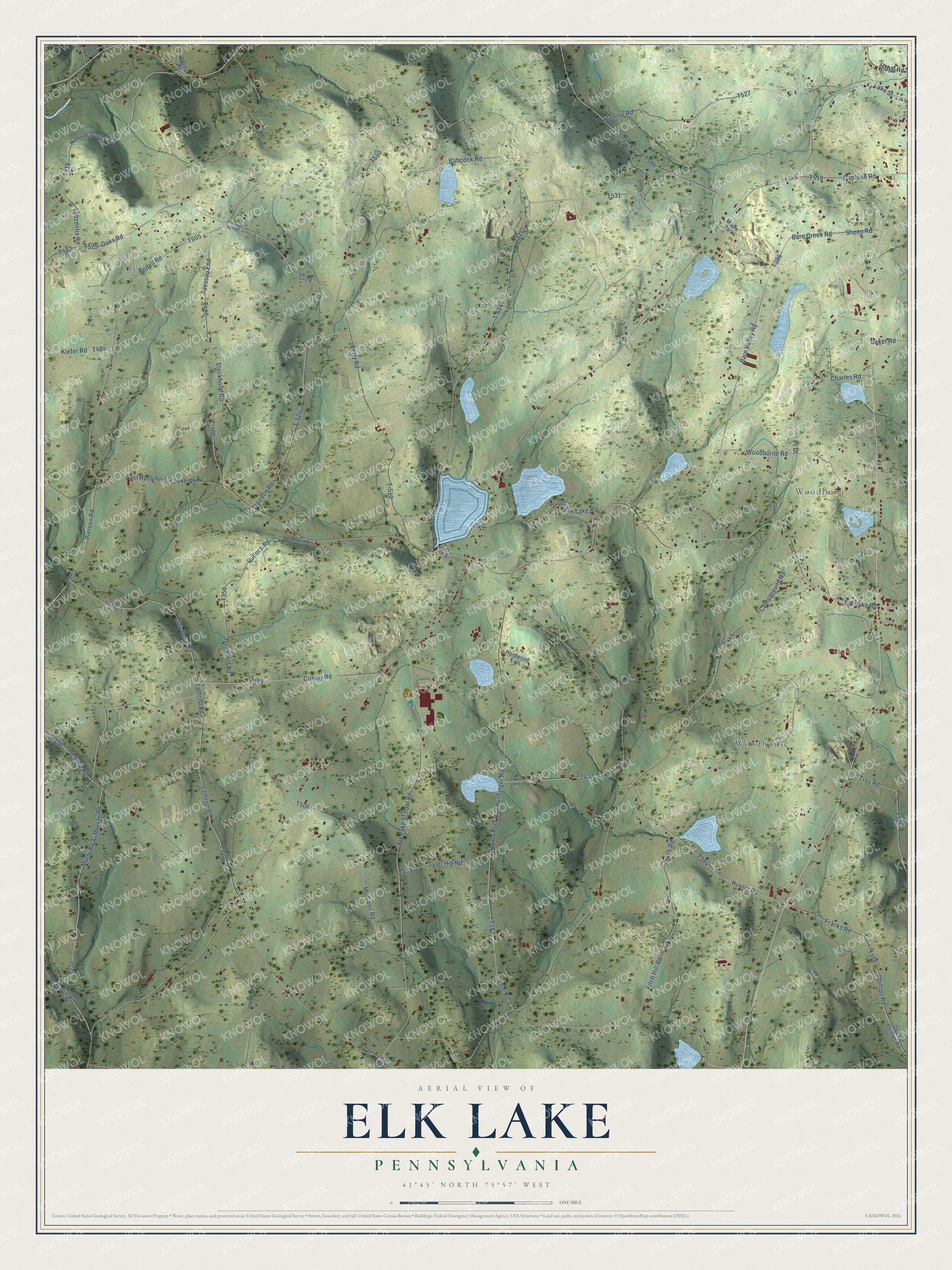 Full map of Elk Lake, Pennsylvania, with red buildings, printed street names and the land around them