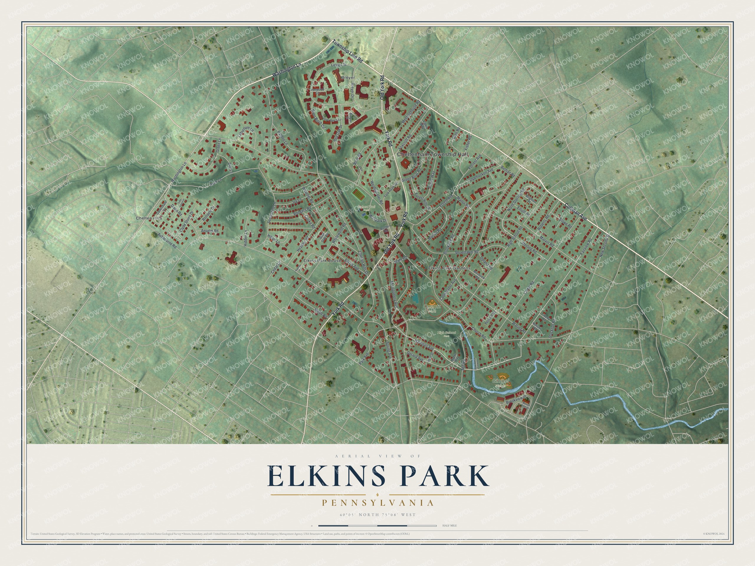 Full map of Elkins Park, Pennsylvania, with red buildings, printed street names and the land around them