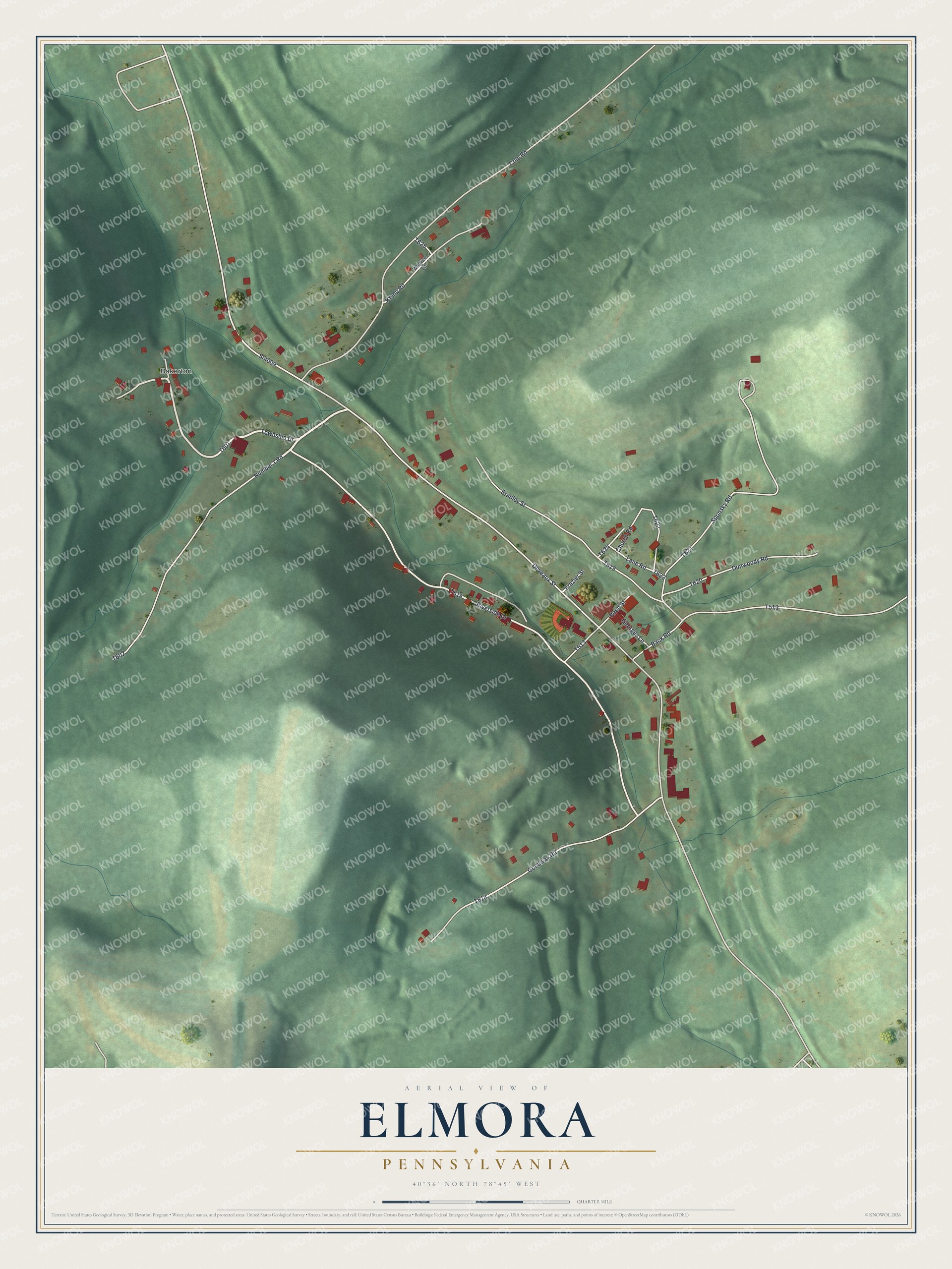 Full map of Elmora, Pennsylvania, with red buildings, printed street names and the land around them