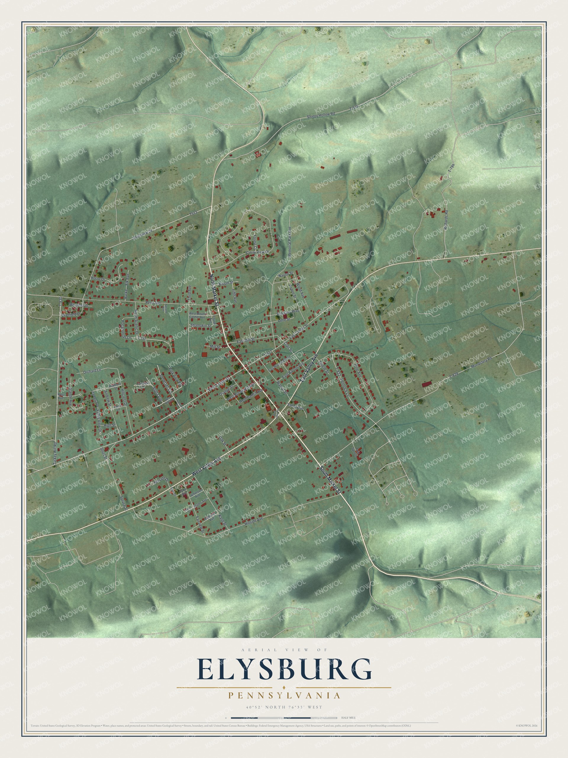 Full map of Elysburg, Pennsylvania, with red buildings, printed street names and the land around them