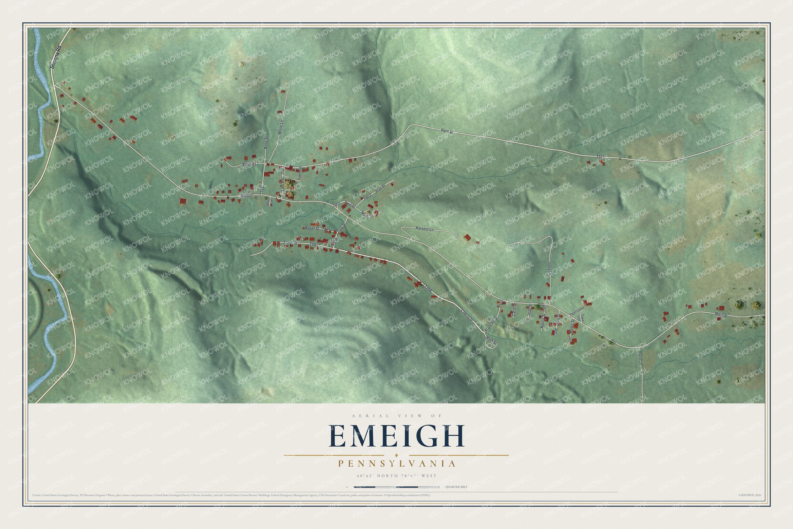 Full map of Emeigh, Pennsylvania, with red buildings, printed street names and the land around them