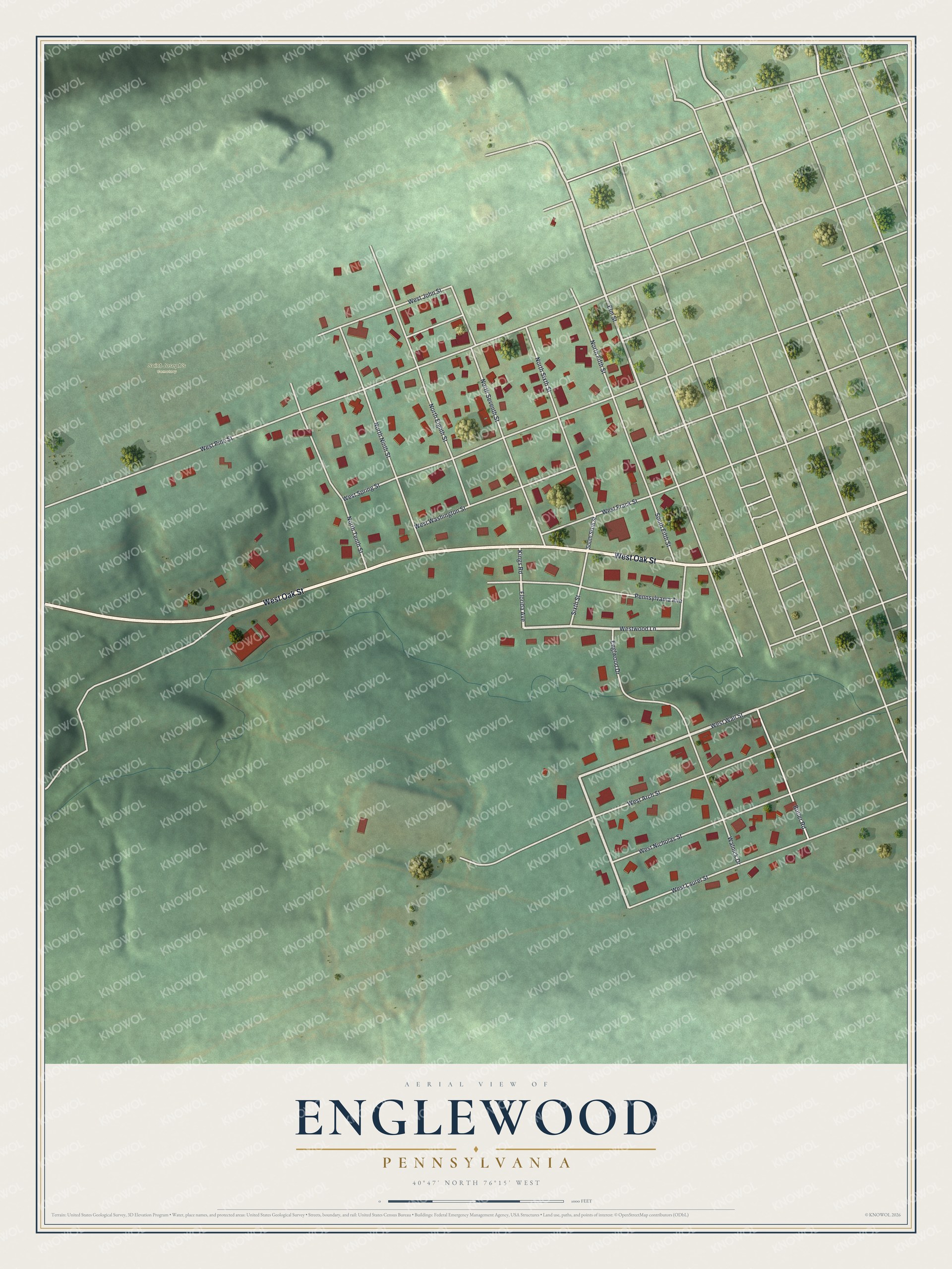 Full map of Englewood, Pennsylvania, with red buildings, printed street names and the land around them