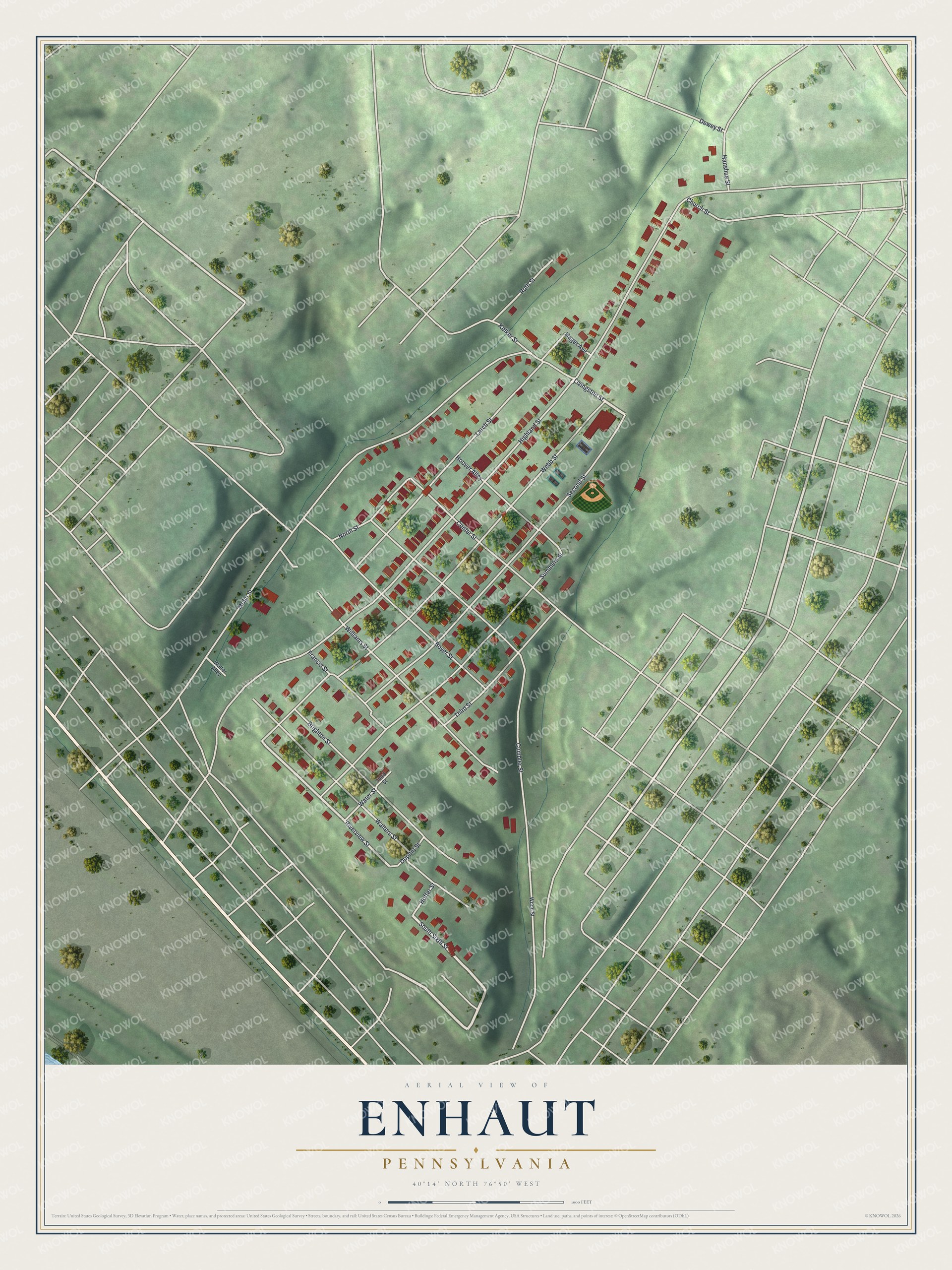 Full map of Enhaut, Pennsylvania, with red buildings, printed street names and the land around them