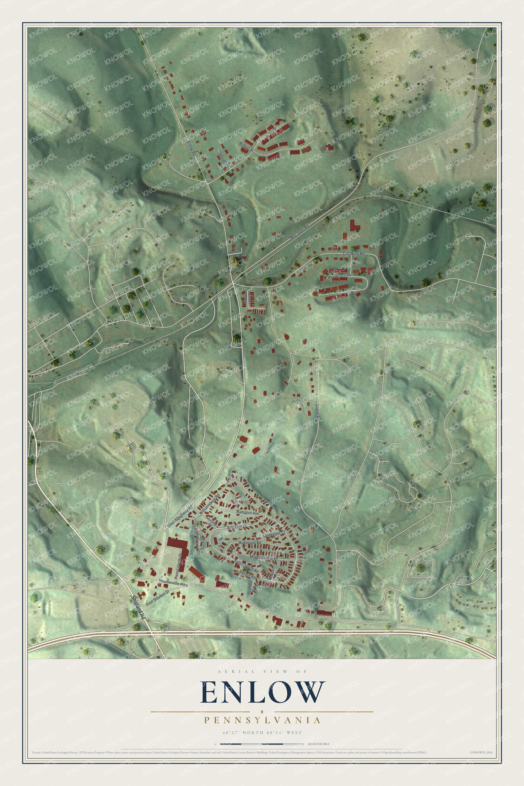 Full map of Enlow, Pennsylvania, with red buildings, printed street names and the land around them