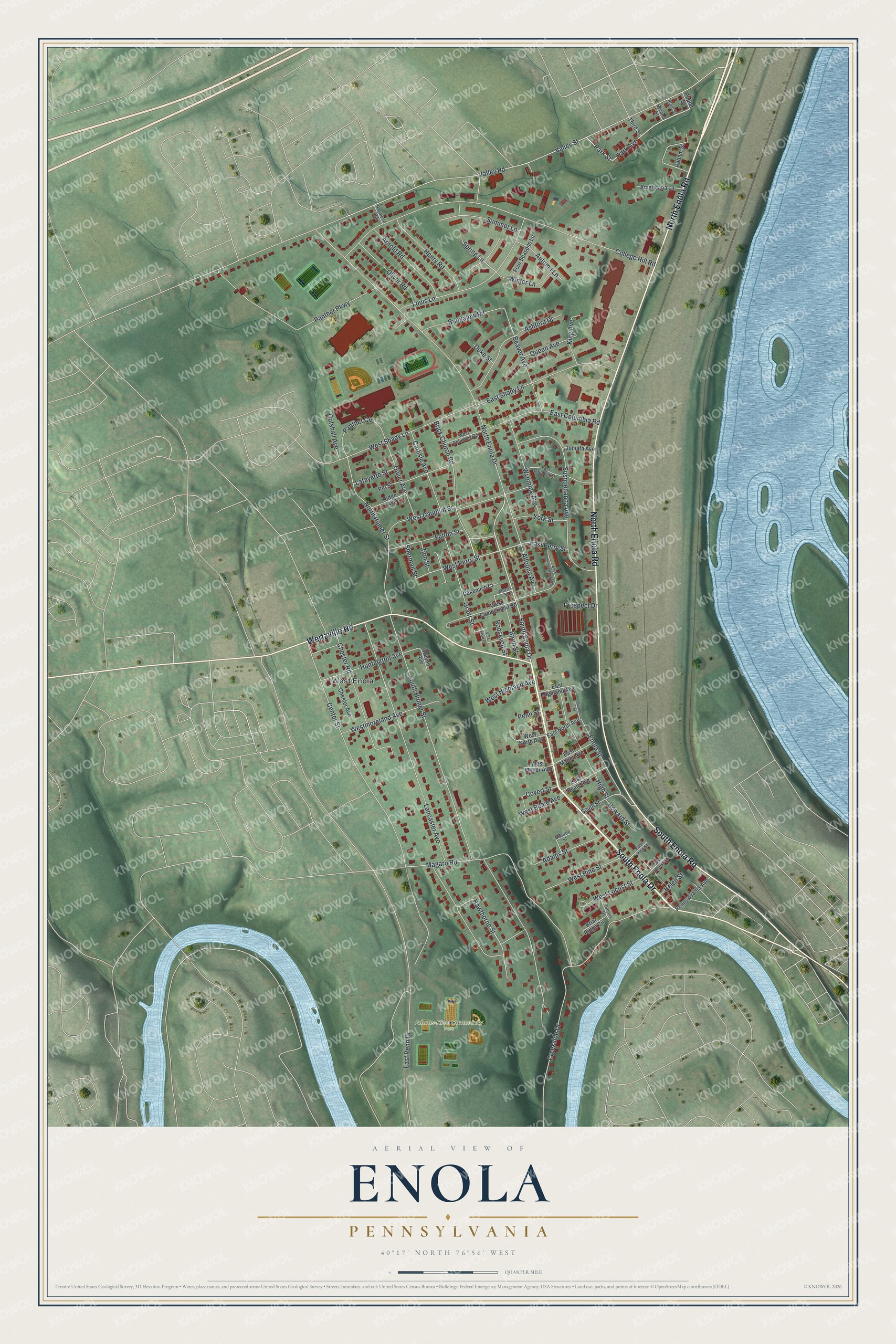 Full map of Enola, Pennsylvania, with red buildings, printed street names and the land around them