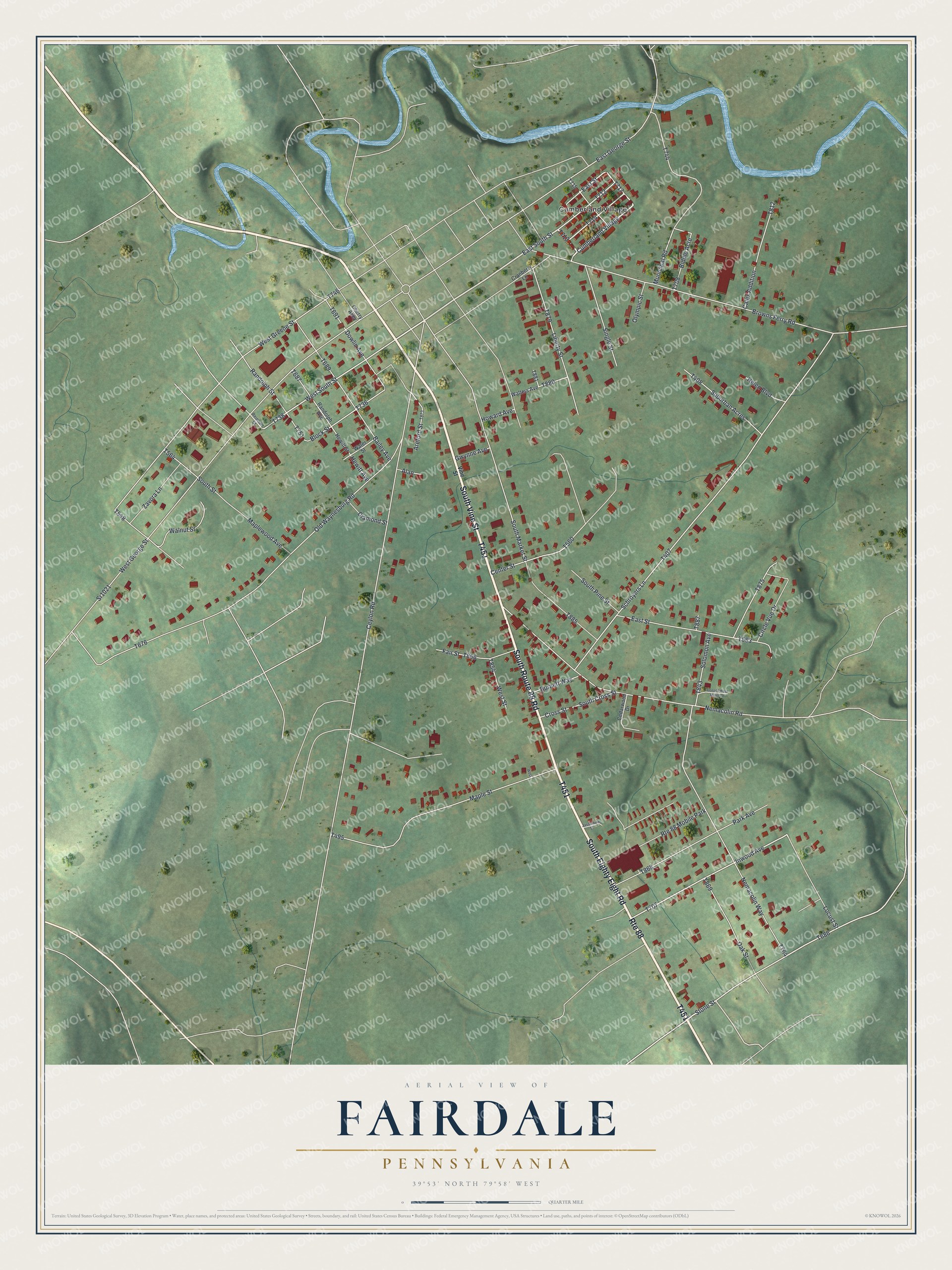Full map of Fairdale, Pennsylvania, with red buildings, printed street names and the land around them
